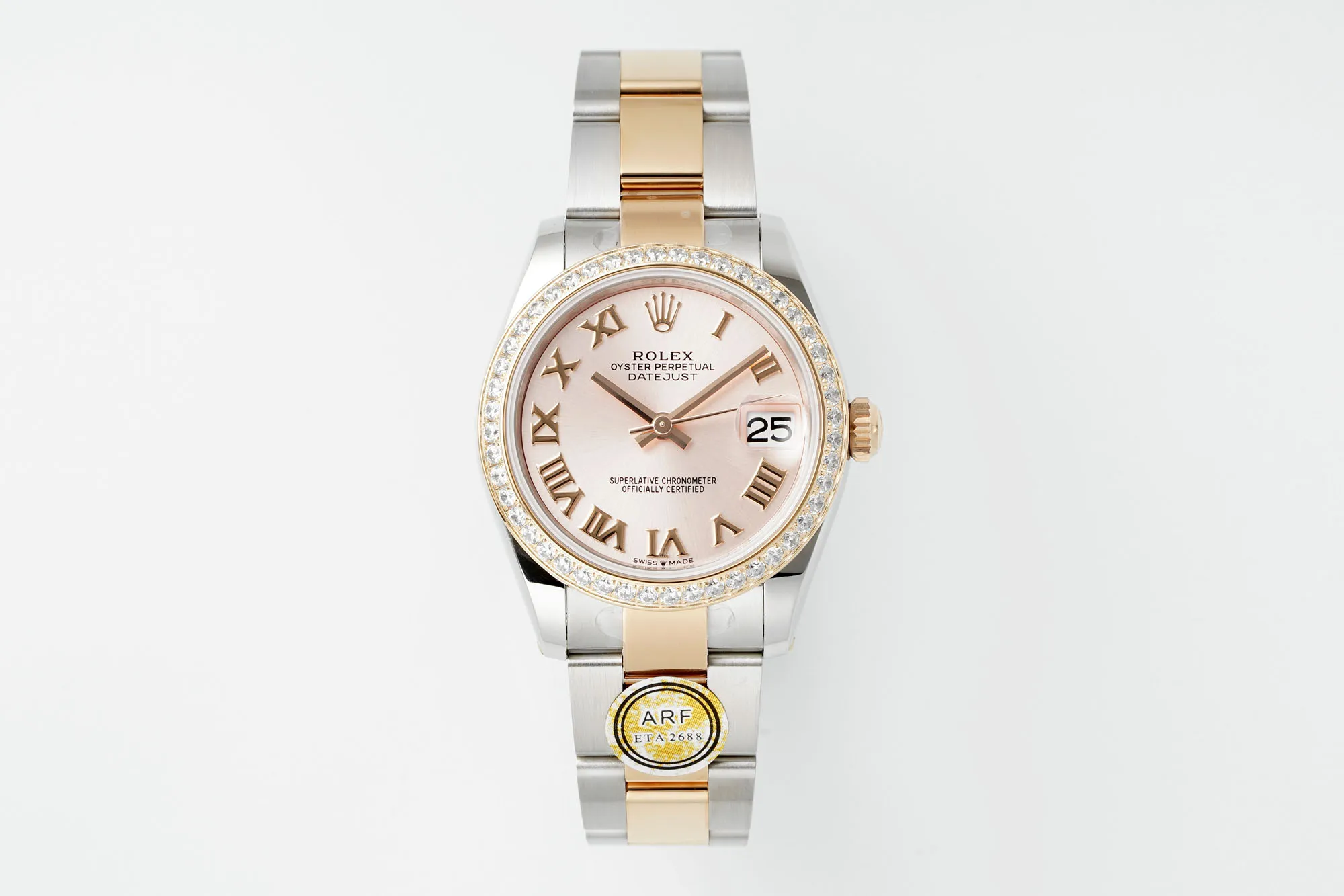 AR Factory Rolex Datejust 31mm Two-Tone Rose Gold and Stainless Steel Diamond Bezel Pink Dial Roman Numerals Women’s Watch SunProtective 4984