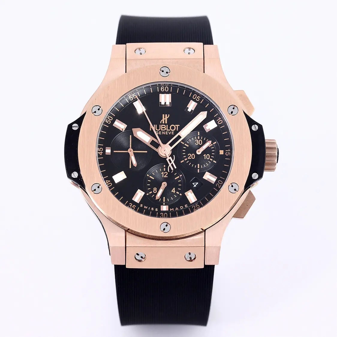 EyeCatching TMF Factory Hublot Big Bang 44mm Rose Gold Black Dial Rubber Strap Chronograph Super Clone Watch 7454