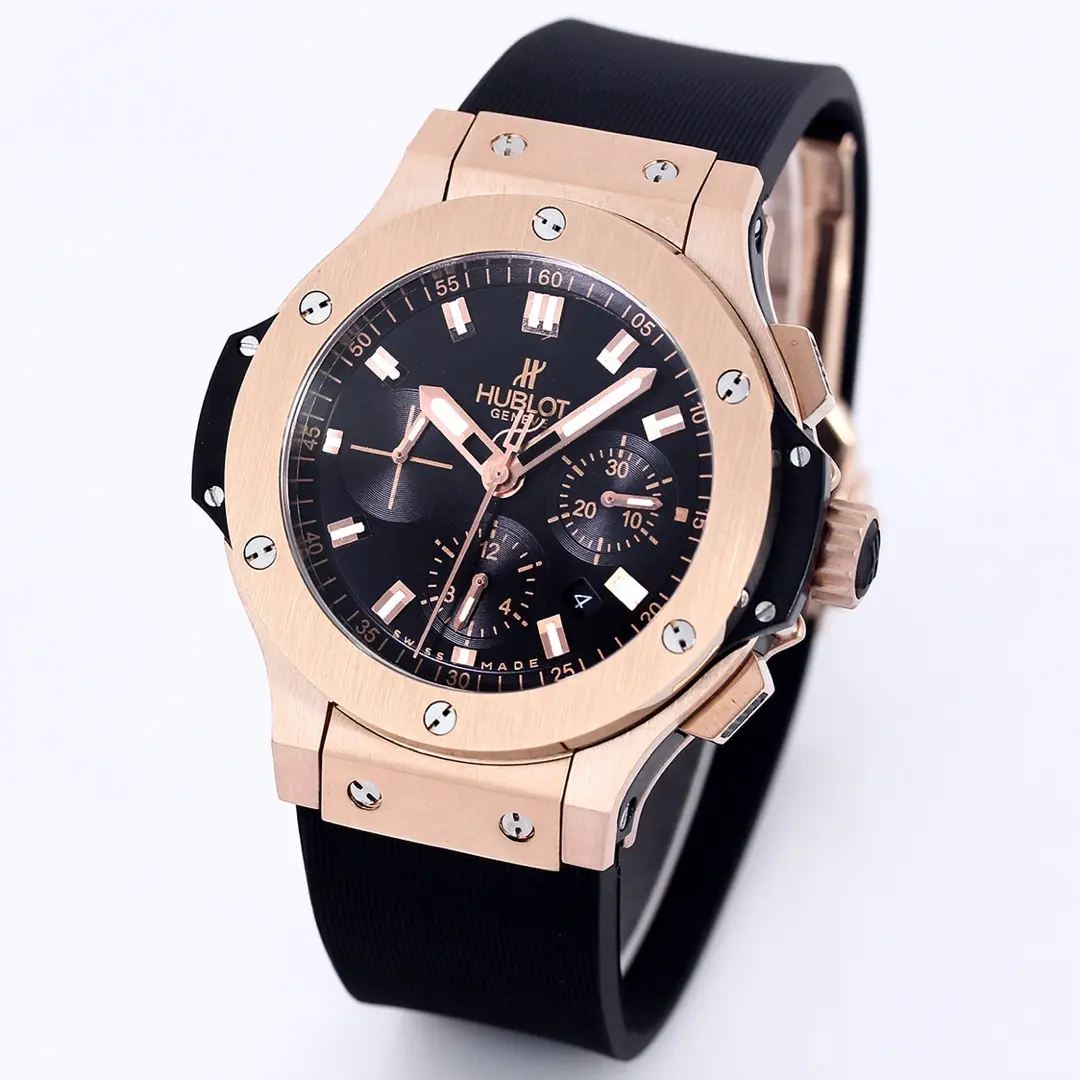 EyeCatching TMF Factory Hublot Big Bang 44mm Rose Gold Black Dial Rubber Strap Chronograph Super Clone Watch 7454