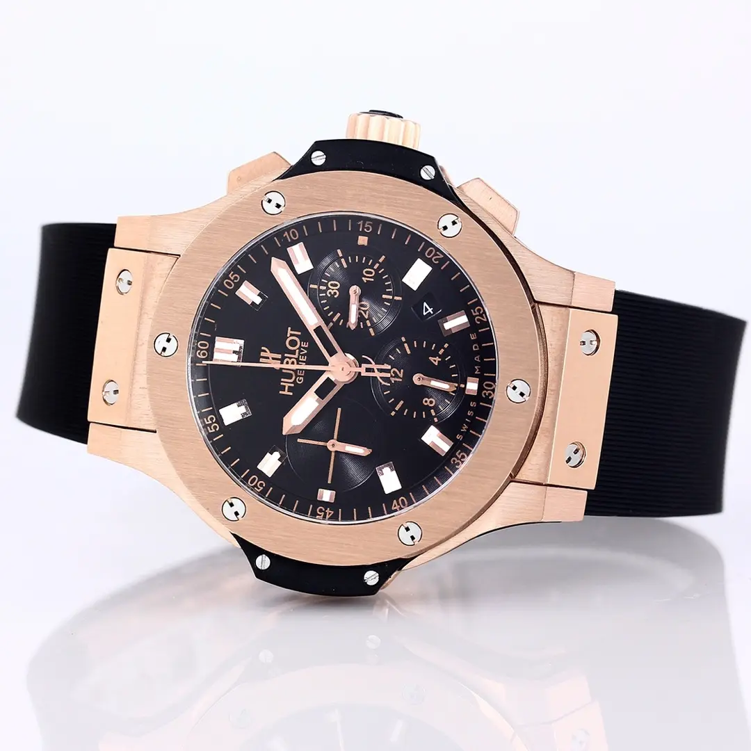 EyeCatching TMF Factory Hublot Big Bang 44mm Rose Gold Black Dial Rubber Strap Chronograph Super Clone Watch 7454
