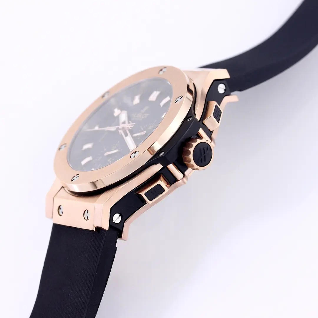 EyeCatching TMF Factory Hublot Big Bang 44mm Rose Gold Black Dial Rubber Strap Chronograph Super Clone Watch 7454