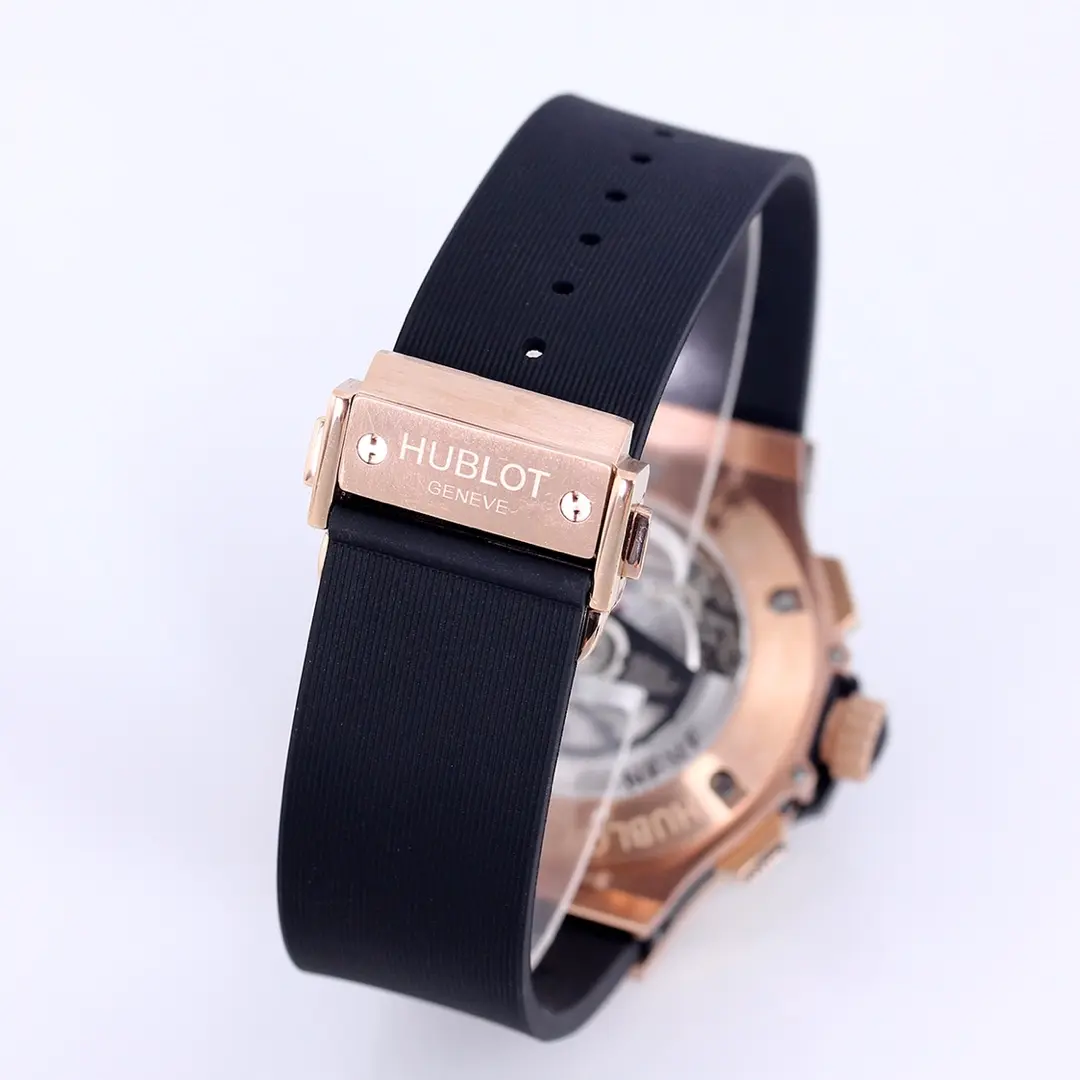 EyeCatching TMF Factory Hublot Big Bang 44mm Rose Gold Black Dial Rubber Strap Chronograph Super Clone Watch 7454