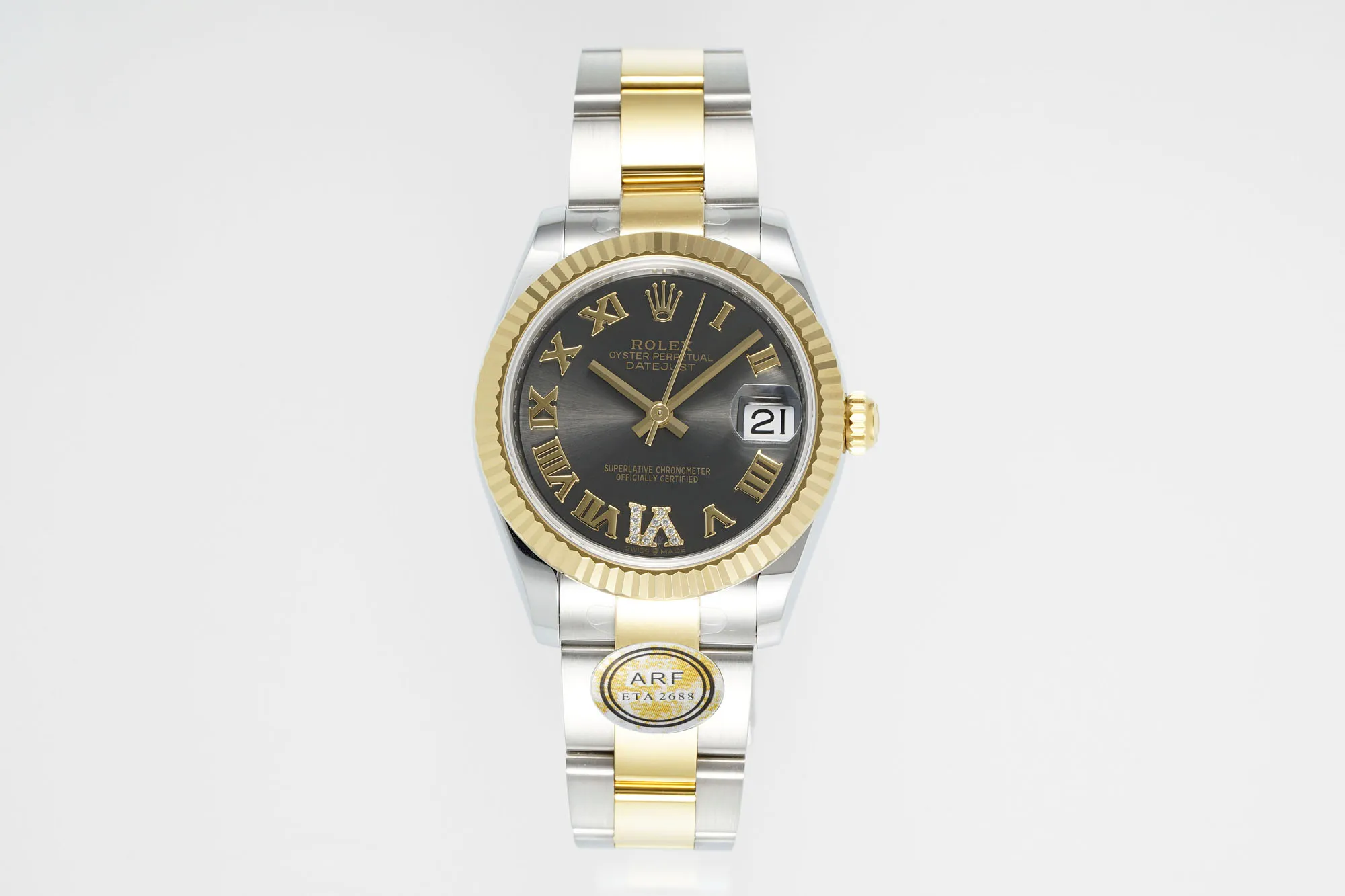 Soft AR Factory Rolex Datejust 31mm Two-Tone Yellow Gold and Stainless Steel Watch with Black Roman Numeral Dial and Fluted Bezel 193
