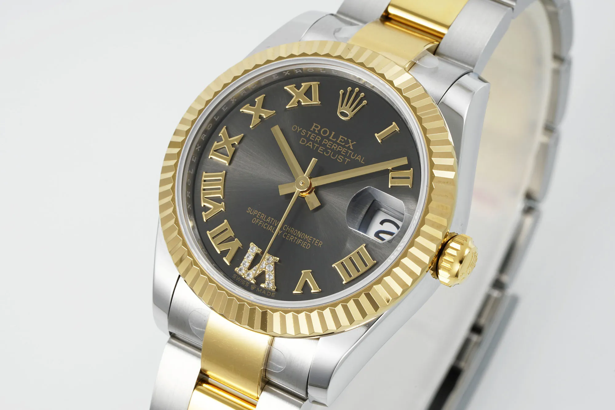 Soft AR Factory Rolex Datejust 31mm Two-Tone Yellow Gold and Stainless Steel Watch with Black Roman Numeral Dial and Fluted Bezel 193