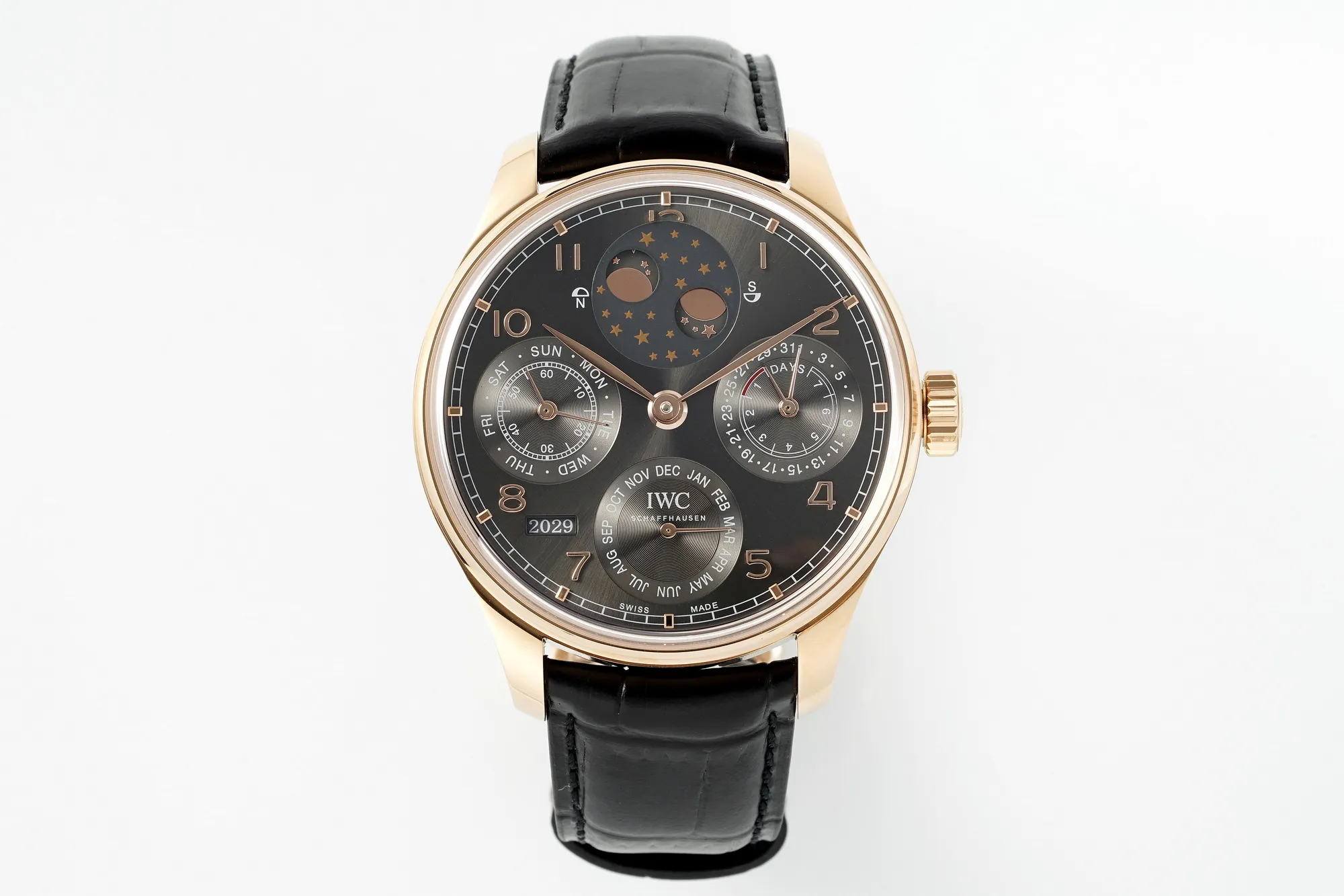 APS Factory IWC Portugieser Perpetual Calendar Rose Gold Automatic Men’s Watch with Black Dial and Leather Strap SportInspired 4306