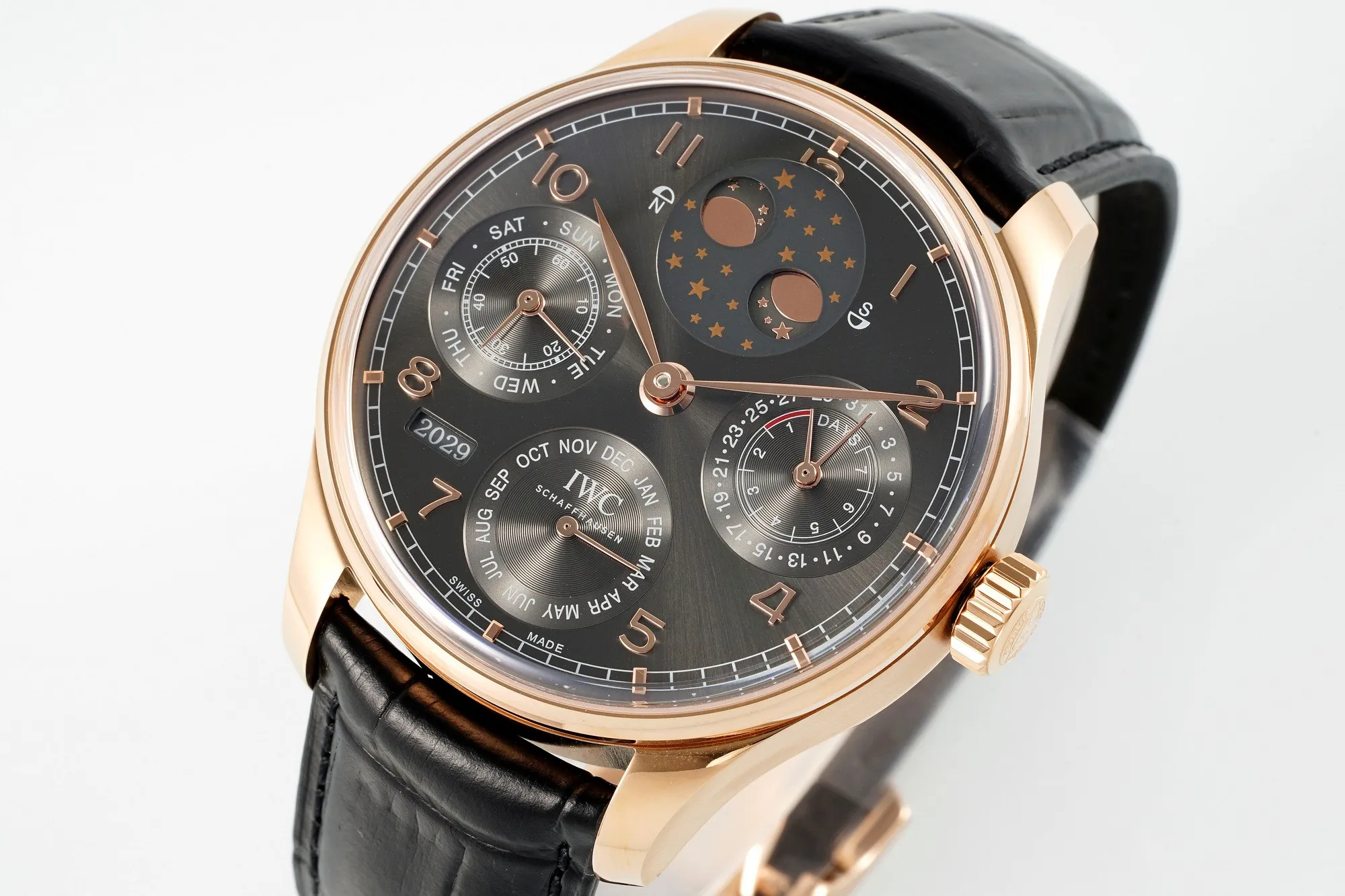 IWC Portugieser Perpetual Calendar Rose Gold Automatic Men’s Watch with Black Dial and Leather Strap Lightweight 4302