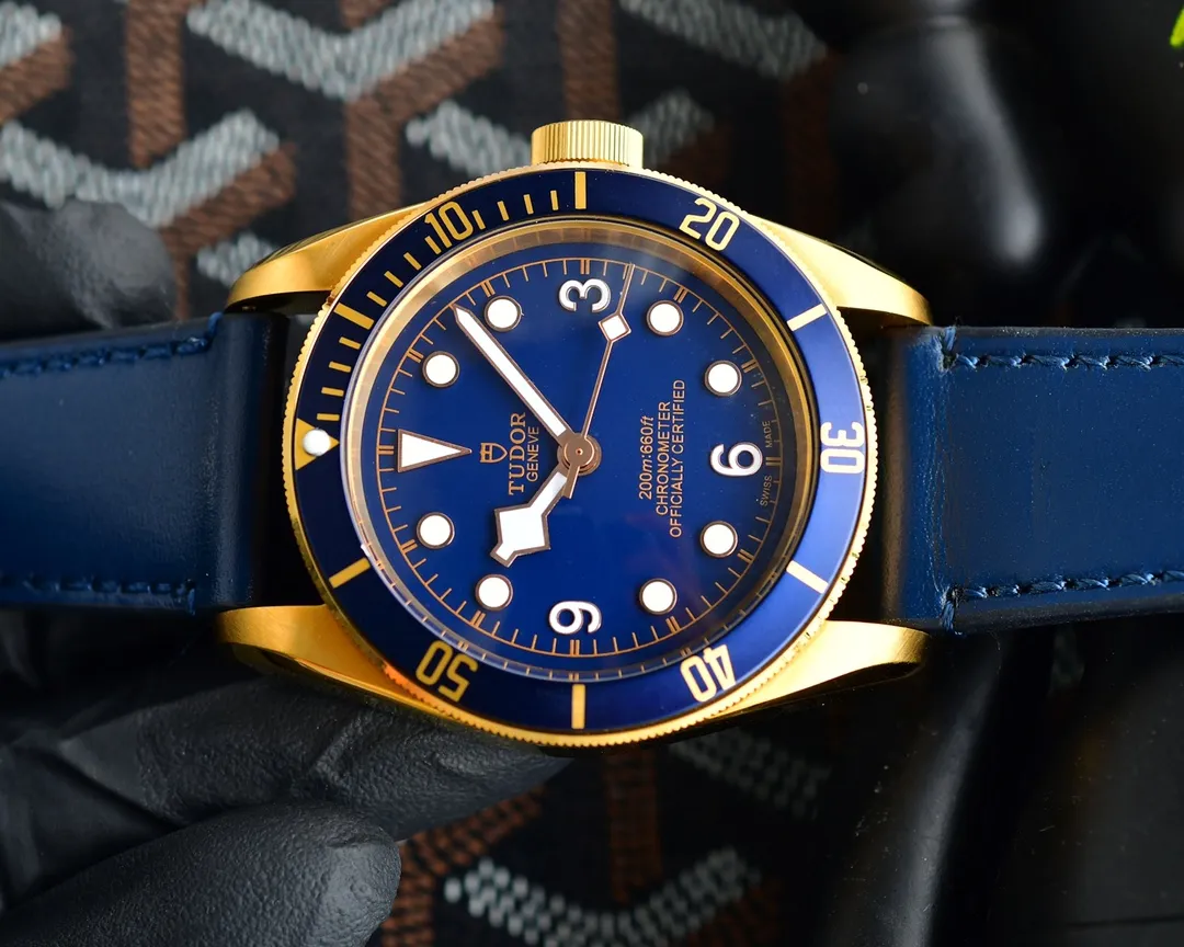 Tudor Black Bay 58 Blue Dial Gold-Tone Case Men’s Diver Watch with Navy Leather Strap Colorful 4285