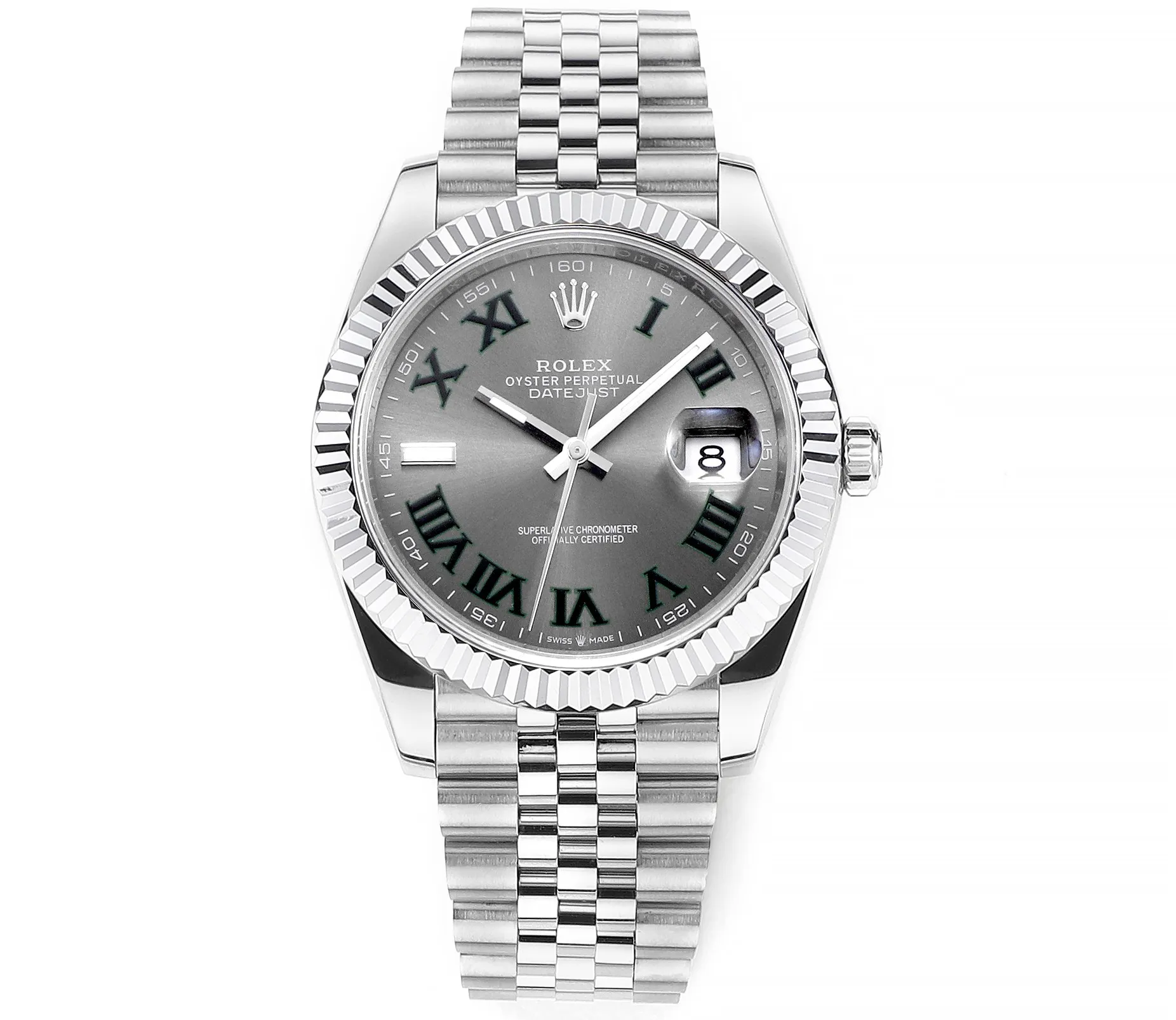 AR Factory Rolex Datejust 41mm Rhodium Grey Dial Fluted Bezel Roman Numerals Jubilee Bracelet Stainless Steel Men’s Watch Bright 4863