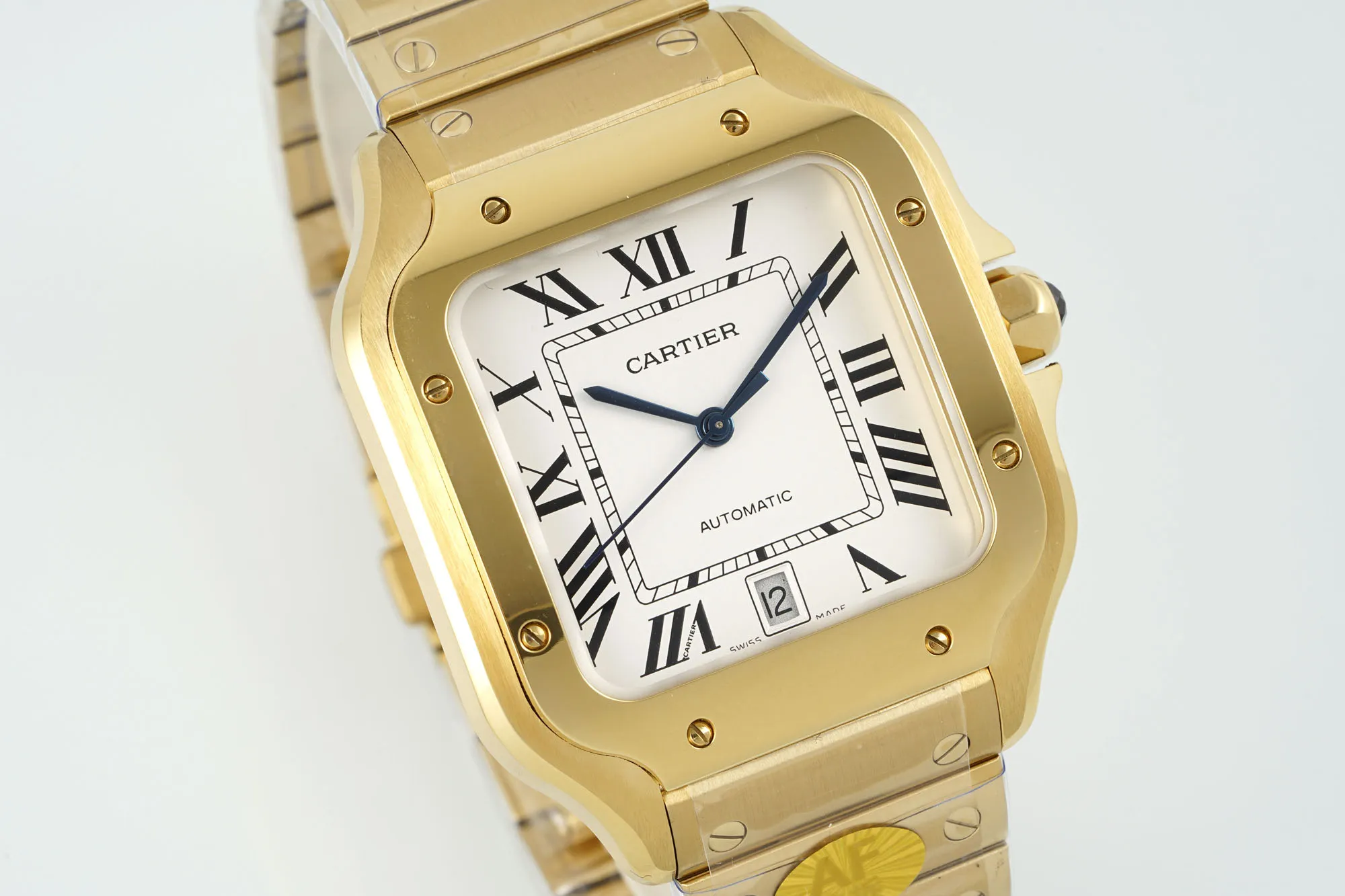 Bold AF Factory Cartier Santos de Cartier Large Automatic Yellow Gold Watch with White Roman Numeral Dial and Steel Bracelet 2769