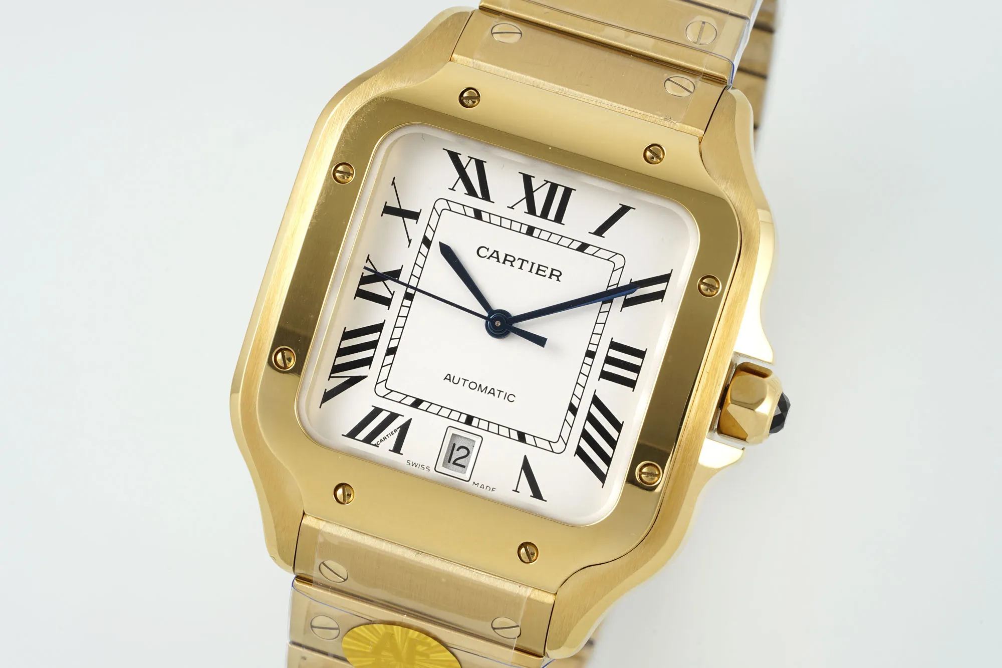 Bold AF Factory Cartier Santos de Cartier Large Automatic Yellow Gold Watch with White Roman Numeral Dial and Steel Bracelet 2769