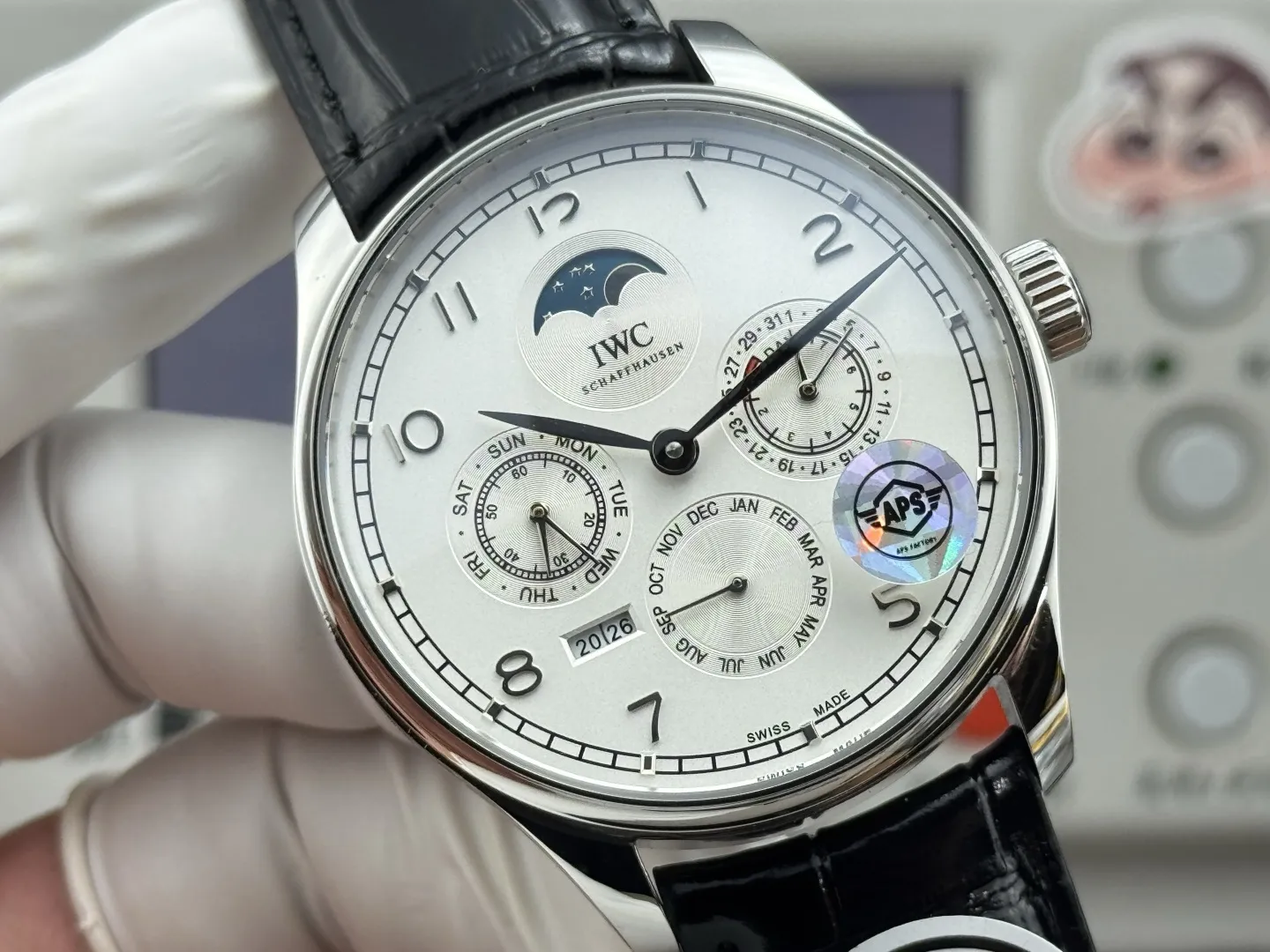 HighPerformance IWC Portugieser Perpetual Calendar Automatic Men’s Watch, Silver Case, White Dial, Black Leather Strap 4315