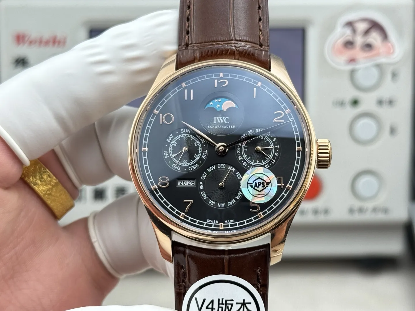 APS Factory IWC Portugieser Perpetual Calendar Black Dial Rose Gold Case Brown Leather Strap Men’s Luxury Watch Seasonal 4308