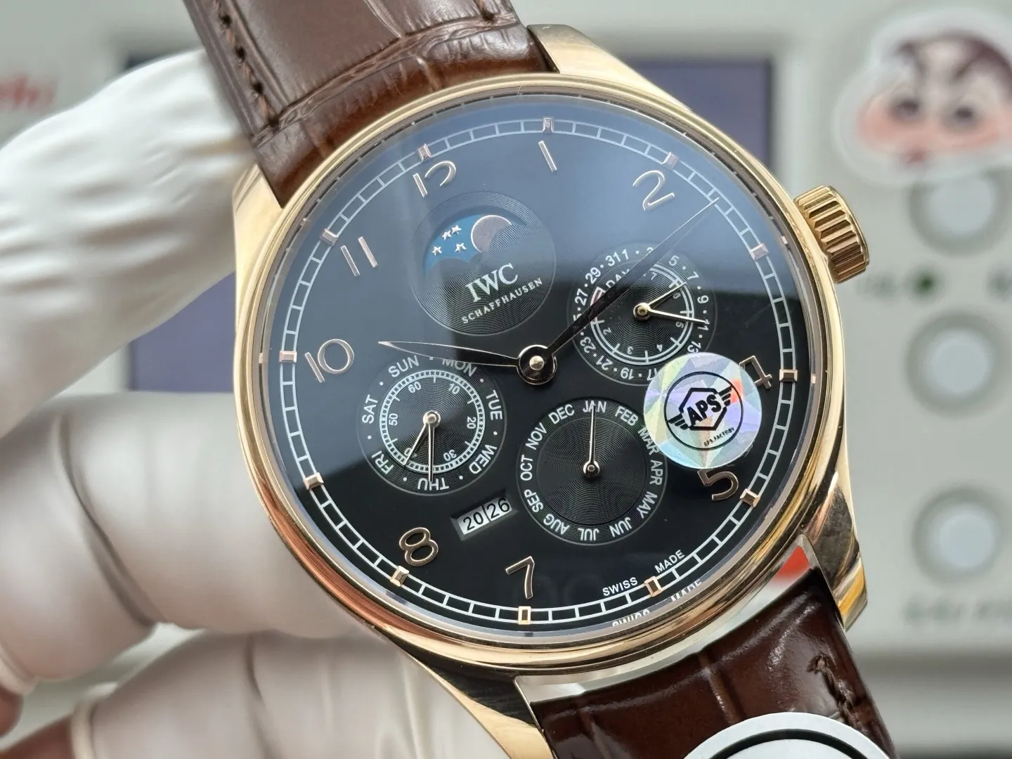 APS Factory IWC Portugieser Perpetual Calendar Black Dial Rose Gold Case Brown Leather Strap Men’s Luxury Watch Seasonal 4308