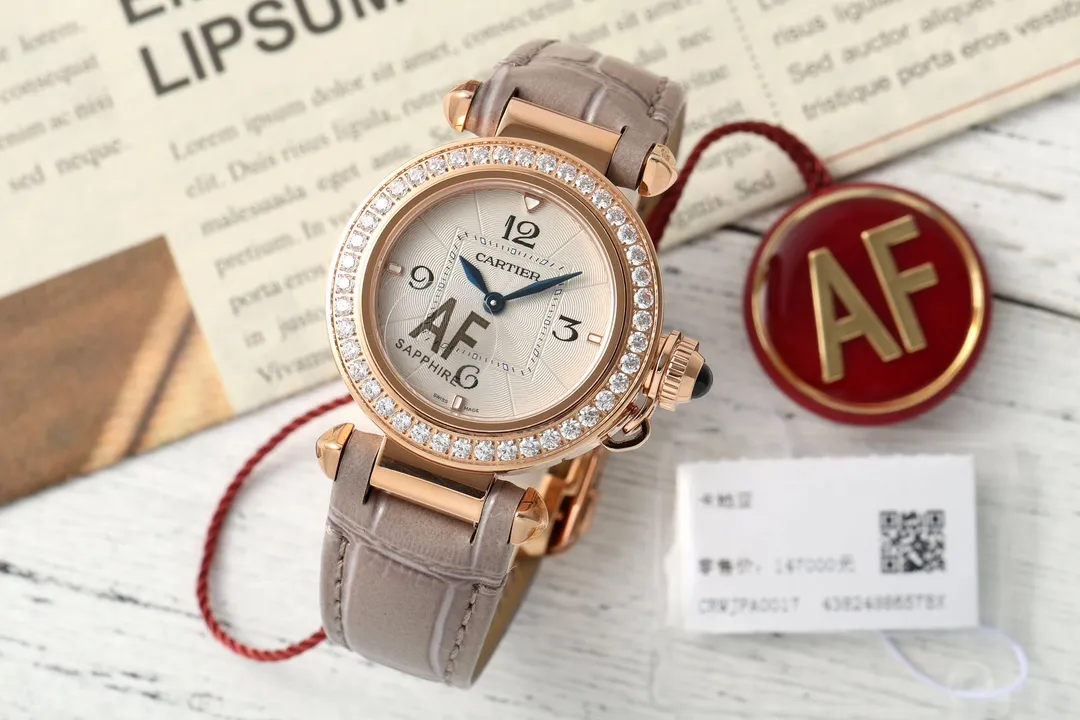 Youthful Cartier Ballon Bleu de Cartier Rose Gold Diamond-Bezel Watch with Grey Leather Strap and Blue Sword Hands 2816
