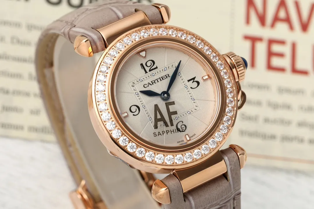 Youthful Cartier Ballon Bleu de Cartier Rose Gold Diamond-Bezel Watch with Grey Leather Strap and Blue Sword Hands 2816