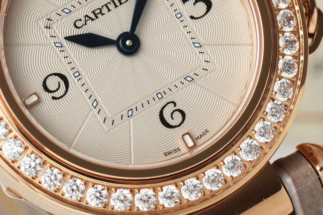 Youthful Cartier Ballon Bleu de Cartier Rose Gold Diamond-Bezel Watch with Grey Leather Strap and Blue Sword Hands 2816