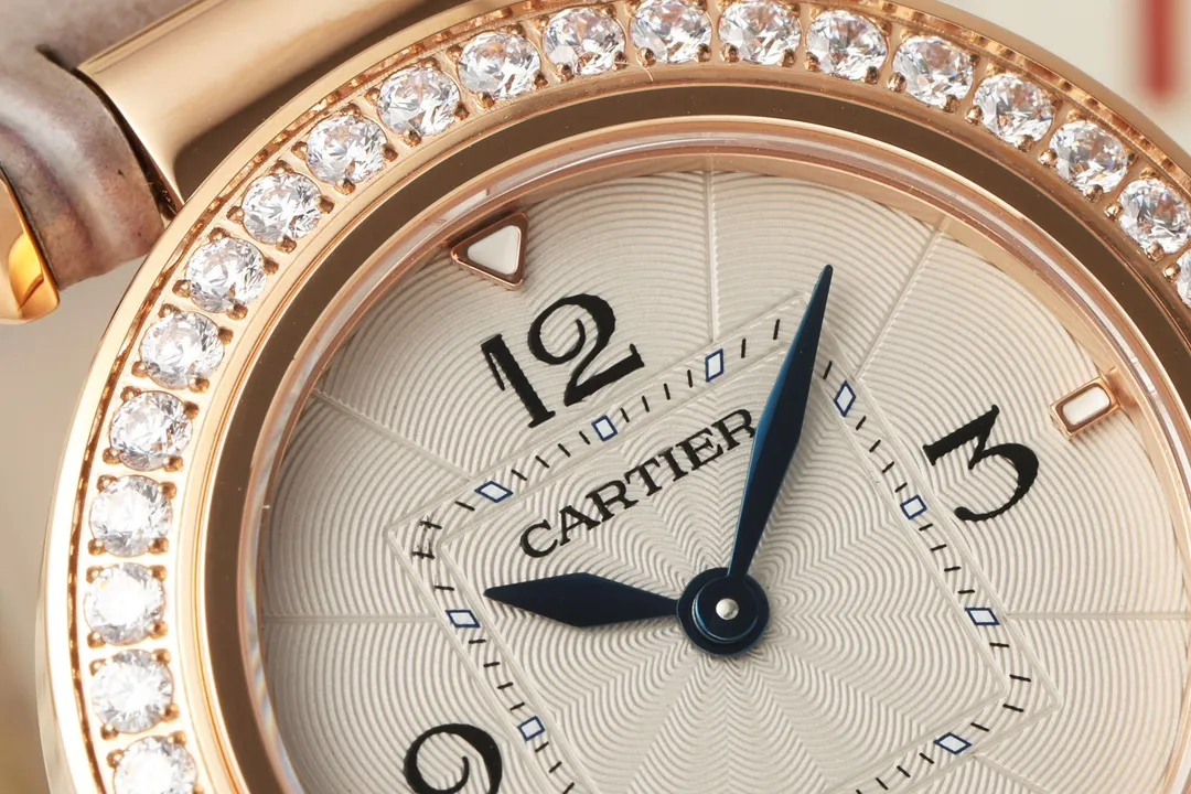 Youthful Cartier Ballon Bleu de Cartier Rose Gold Diamond-Bezel Watch with Grey Leather Strap and Blue Sword Hands 2816