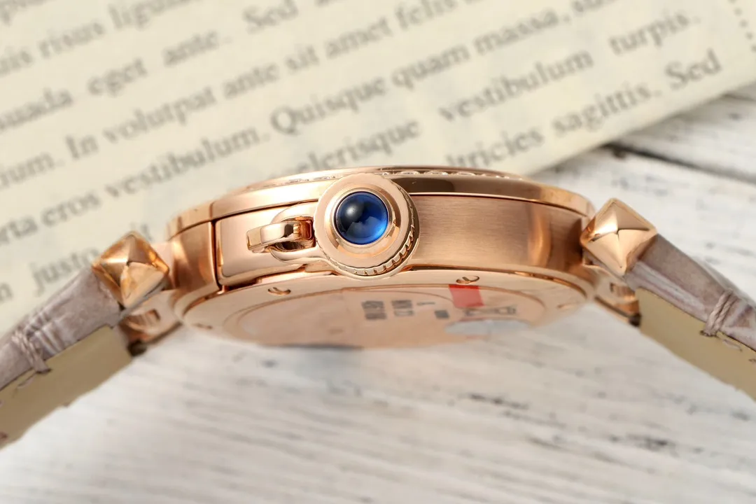 Youthful Cartier Ballon Bleu de Cartier Rose Gold Diamond-Bezel Watch with Grey Leather Strap and Blue Sword Hands 2816