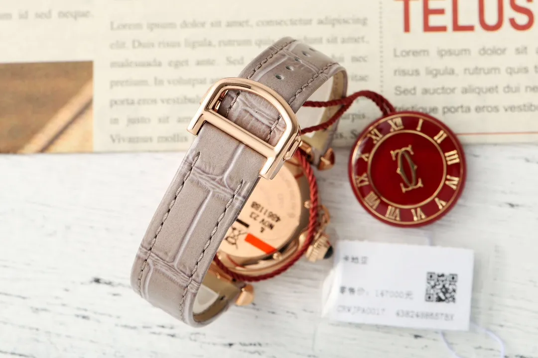 Youthful Cartier Ballon Bleu de Cartier Rose Gold Diamond-Bezel Watch with Grey Leather Strap and Blue Sword Hands 2816