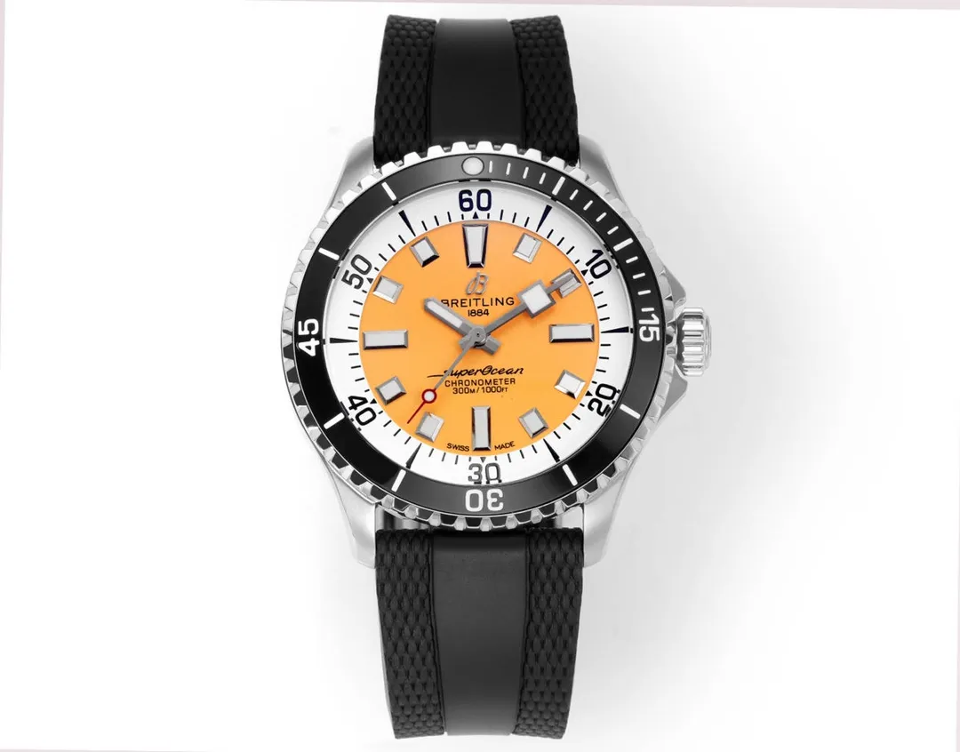 TimelessDesign BLS Factory Breitling SuperOcean Automatic Orange Dial Black Rubber Strap Men’s Dive Watch 2655