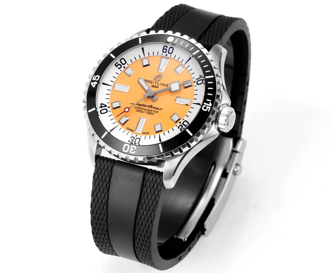 TimelessDesign BLS Factory Breitling SuperOcean Automatic Orange Dial Black Rubber Strap Men’s Dive Watch 2655