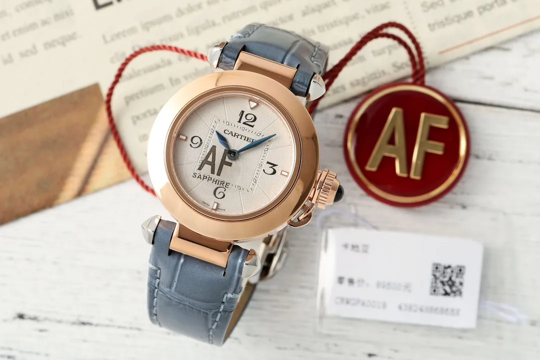 SmoothTexture AF Factory Cartier Santos AF Rose Gold Round Case Blue Leather Strap Women’s Quartz Watch 2794