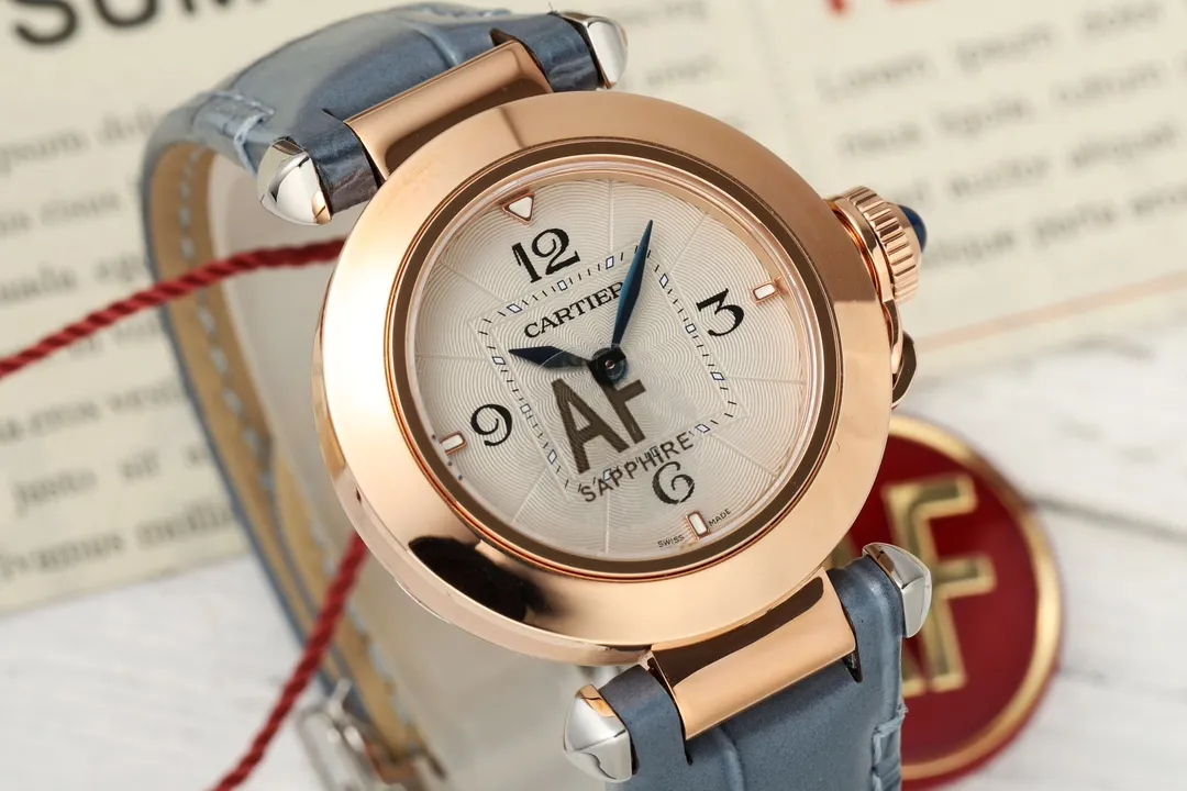 AF Factory Cartier Santos AF Rose Gold Round Case Blue Leather Strap Women’s Quartz Watch Lightweight 5407