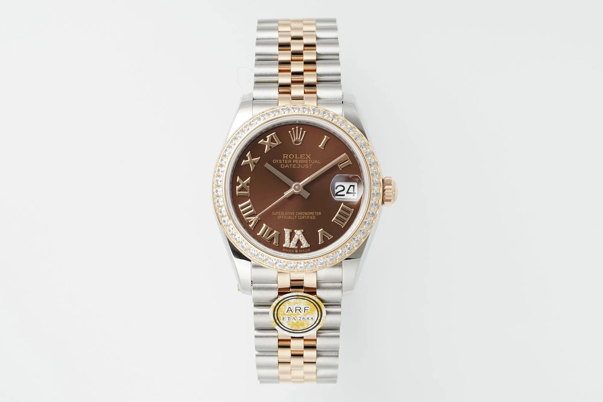 FlexibleFit AR Factory Rolex Lady-Datejust 31mm Chocolate Brown Dial with Roman Numerals, Diamond-Set Bezel, Two-Tone Oystersteel and Everose Gold Jubilee Bracelet Watch 4980