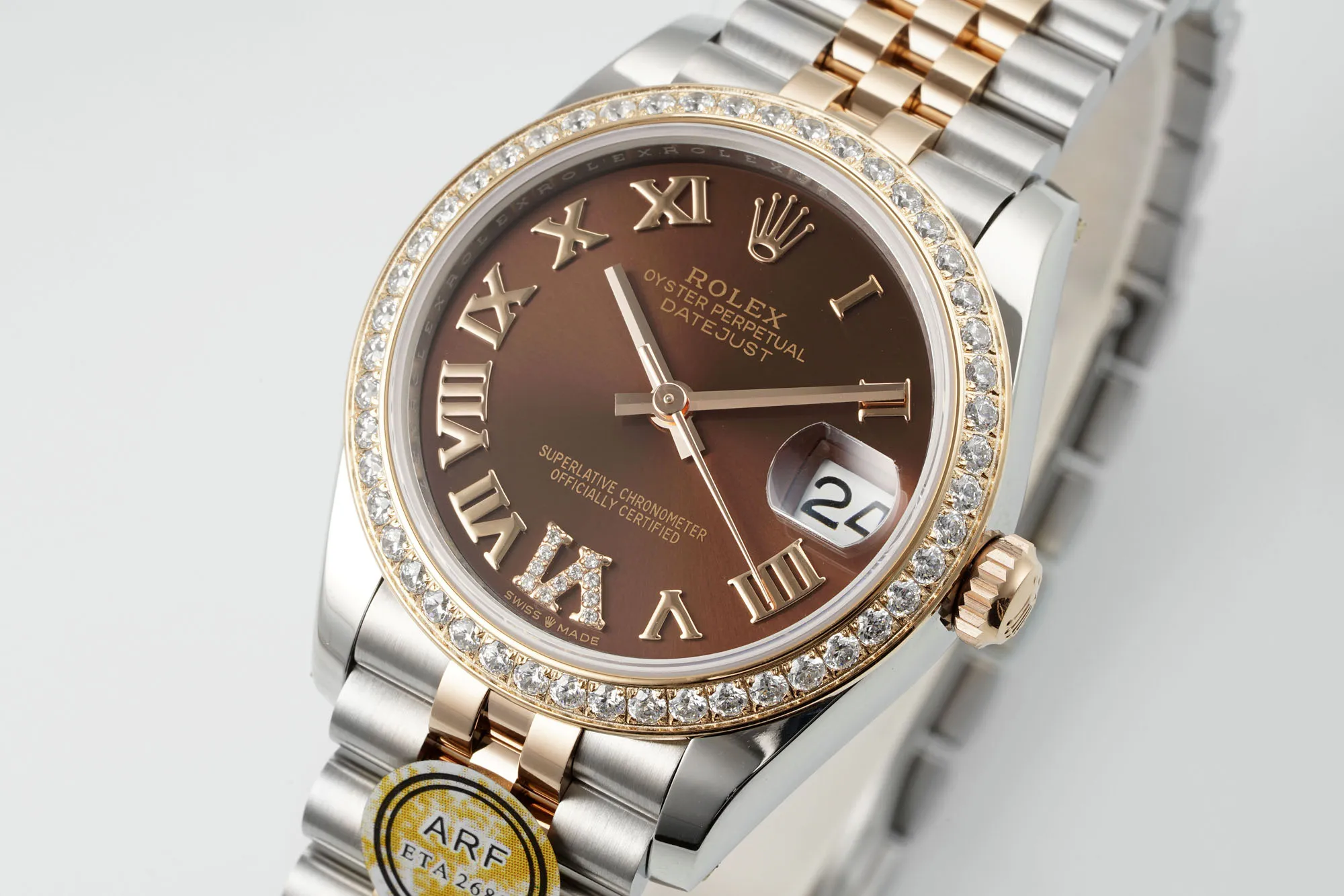 FlexibleFit AR Factory Rolex Lady-Datejust 31mm Chocolate Brown Dial with Roman Numerals, Diamond-Set Bezel, Two-Tone Oystersteel and Everose Gold Jubilee Bracelet Watch 4980