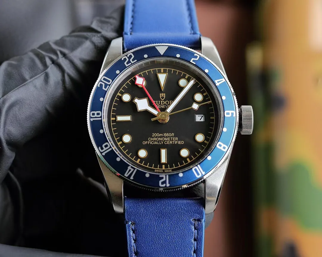Tudor Black Bay GMT Men’s Watch – Black Dial, Blue-Red Pepsi Bezel, Blue Leather Strap, Stainless Steel Case Lightweight 4287