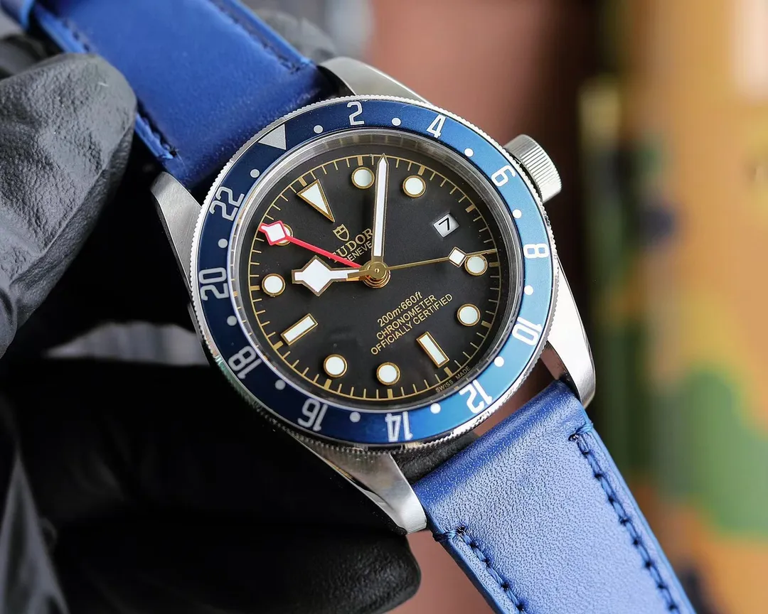 Tudor Black Bay GMT Men’s Watch – Black Dial, Blue-Red Pepsi Bezel, Blue Leather Strap, Stainless Steel Case Lightweight 4287