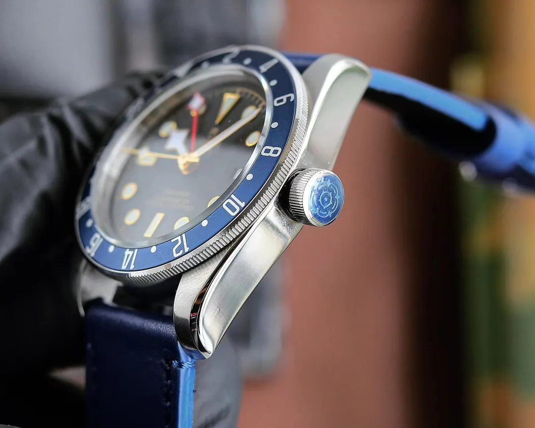 Tudor Black Bay GMT Men’s Watch – Black Dial, Blue-Red Pepsi Bezel, Blue Leather Strap, Stainless Steel Case Lightweight 4287