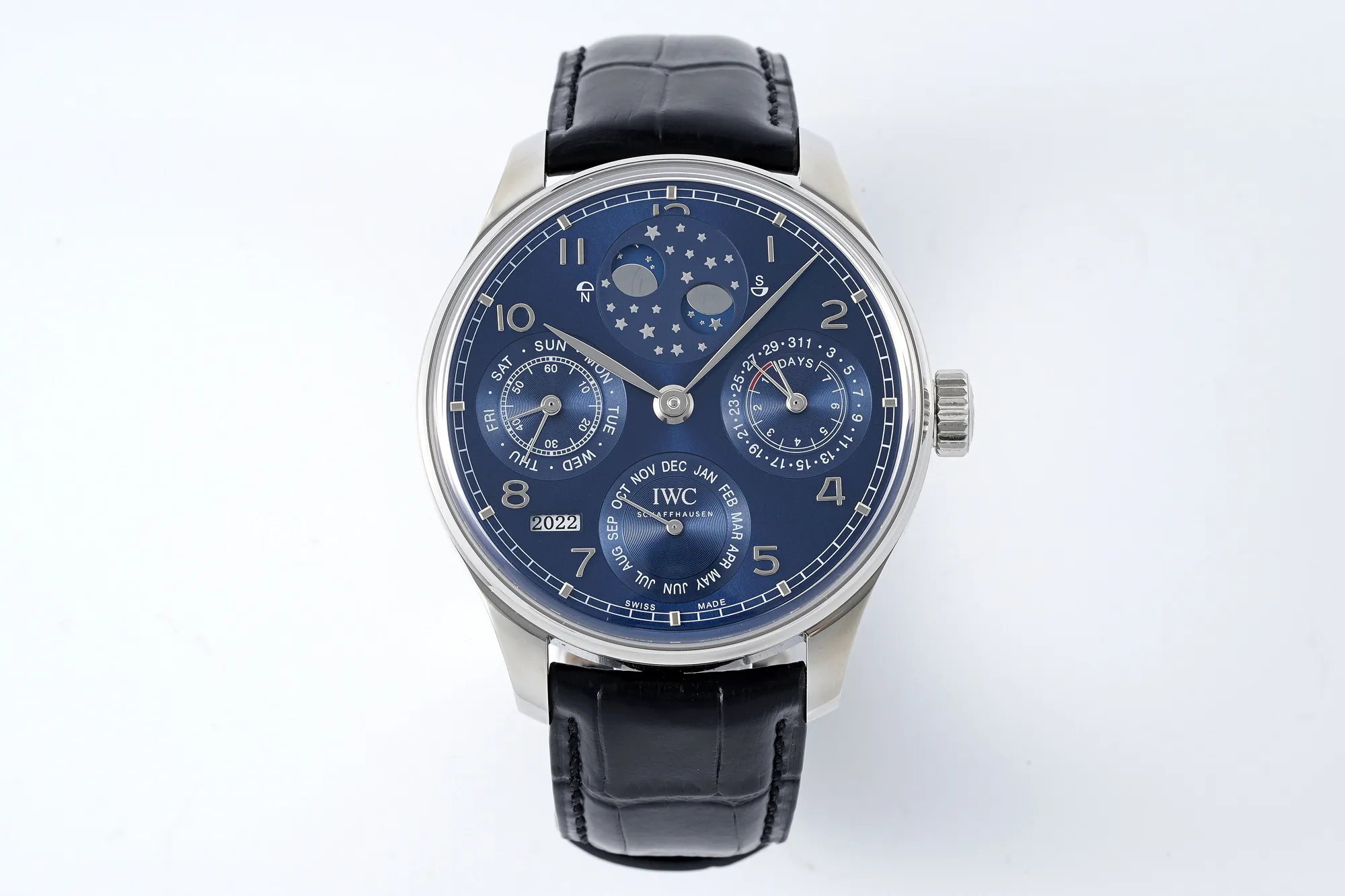IWC Schaffhausen Portugieser Perpetual Calendar Blue Dial Moonphase Black Leather Strap Men’s Luxury Watch UrbanChic 4311