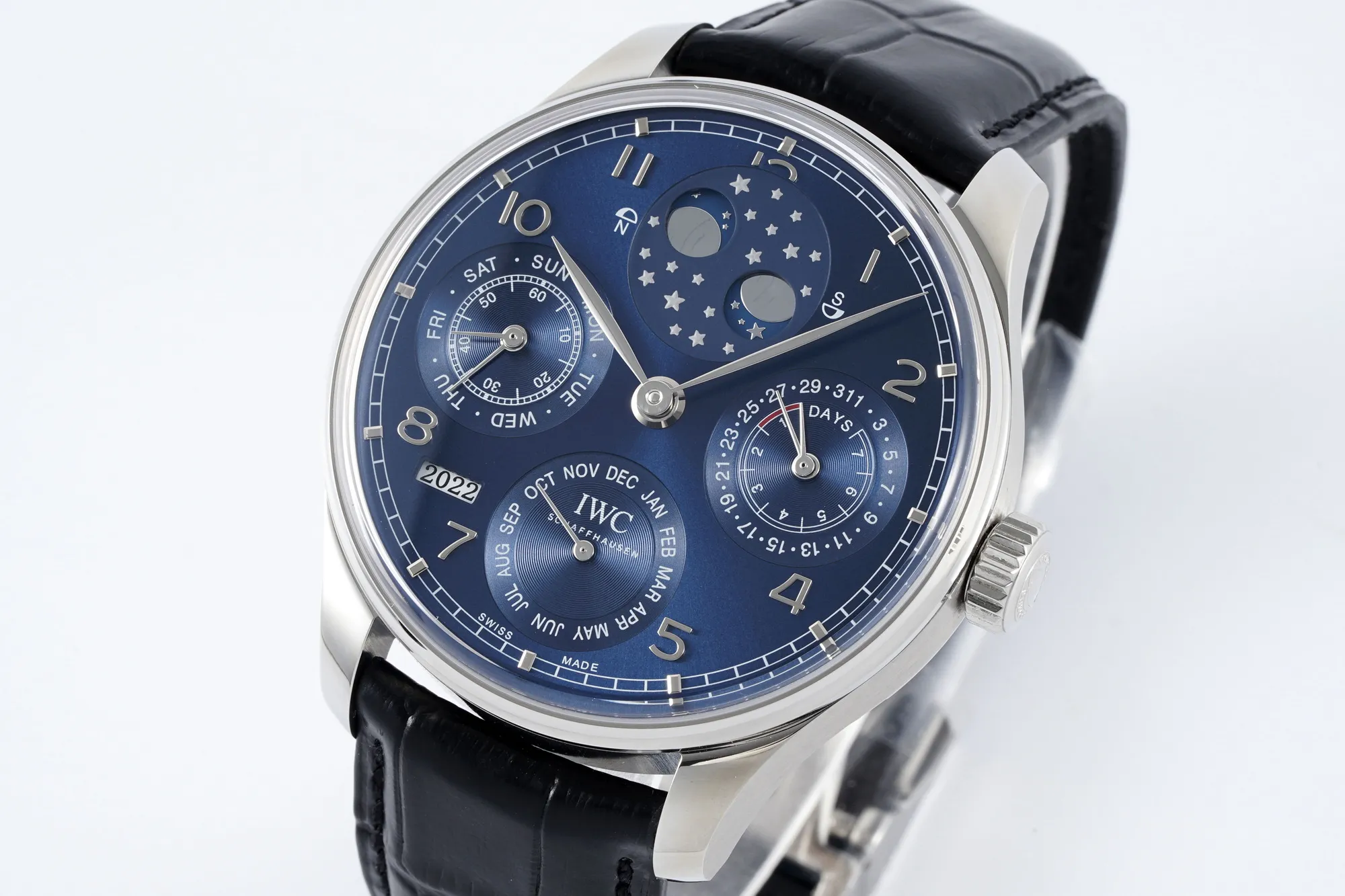APS Factory IWC Schaffhausen Portugieser Perpetual Calendar Blue Dial Moonphase Black Leather Strap Men’s Luxury Watch Comfortable 4305
