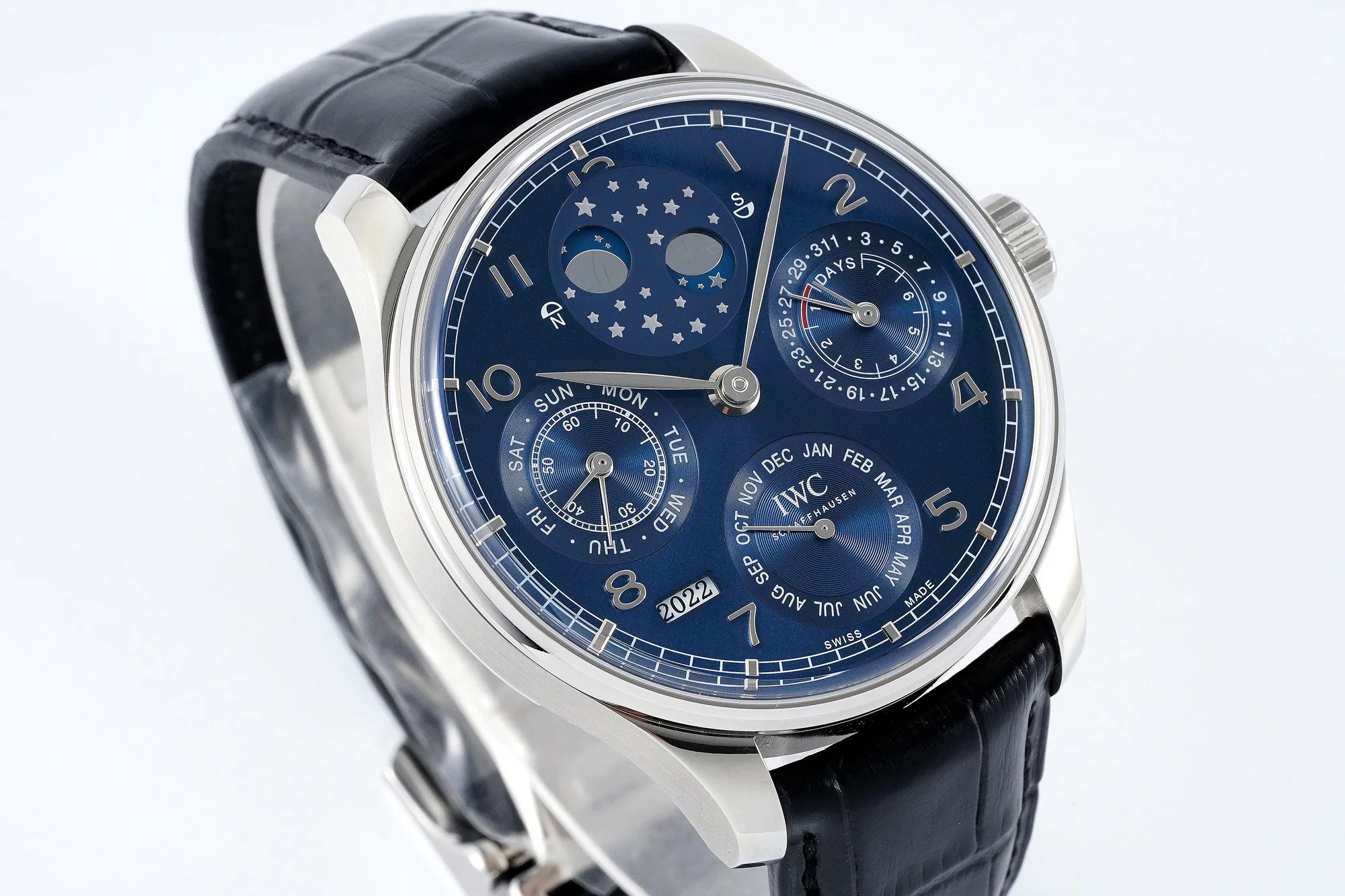APS Factory IWC Schaffhausen Portugieser Perpetual Calendar Blue Dial Moonphase Black Leather Strap Men’s Luxury Watch Comfortable 4305