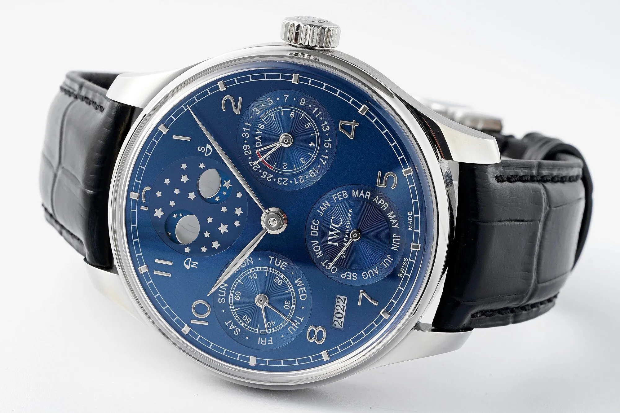 APS Factory IWC Schaffhausen Portugieser Perpetual Calendar Blue Dial Moonphase Black Leather Strap Men’s Luxury Watch Comfortable 4305