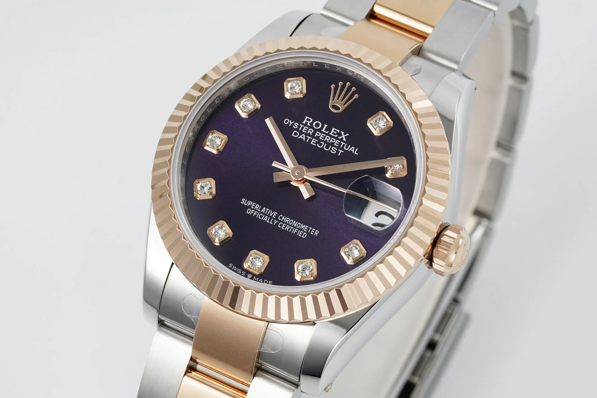 Seasonal AR Factory Rolex Lady-Datejust 31mm Two-Tone Stainless Steel and Rose Gold Aubergine Diamond Dial Fluted Bezel Automatic Watch 196
