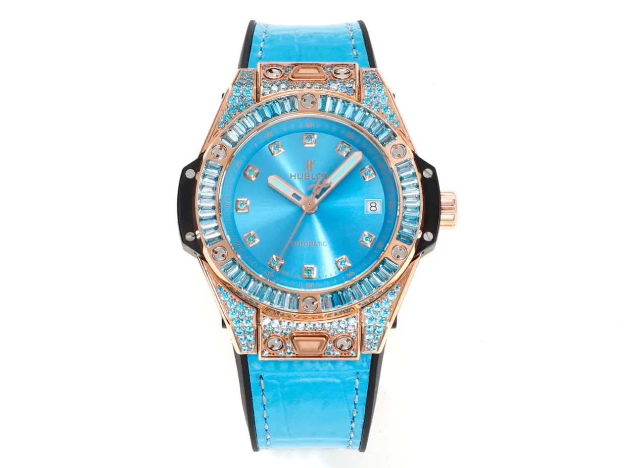JB Factory HUBLOT Big Bang One-Click 39mm Stainless Steel Rainbow Watch – Blue Dial, Rose Gold and Diamond Bezel, Blue Leather Strap, Best Replica Watch Durable 5995