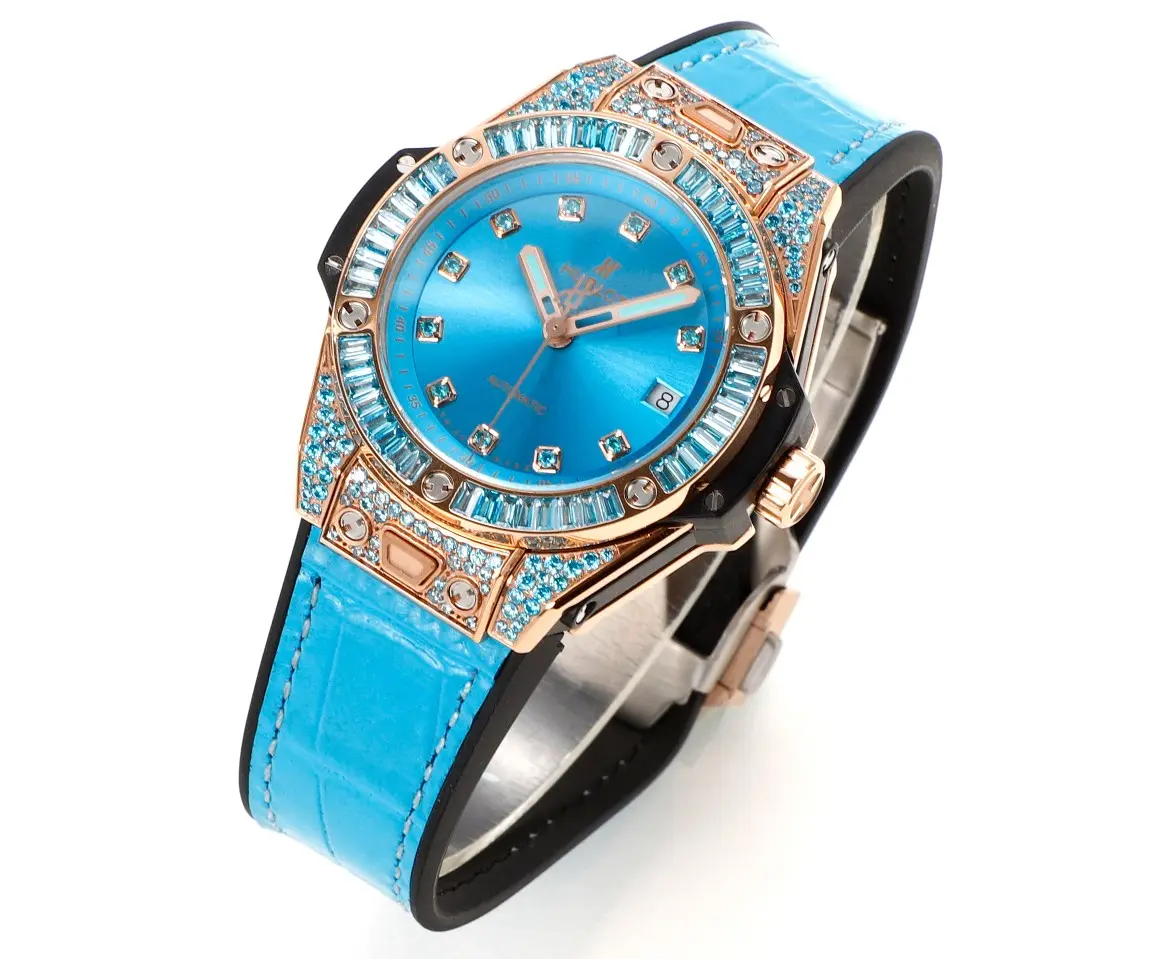 Stretchable HB Factory HUBLOT Big Bang One-Click 39mm Stainless Steel Rainbow Watch – Blue Dial, Rose Gold and Diamond Bezel, Blue Leather Strap, Best Replica Watch 5880