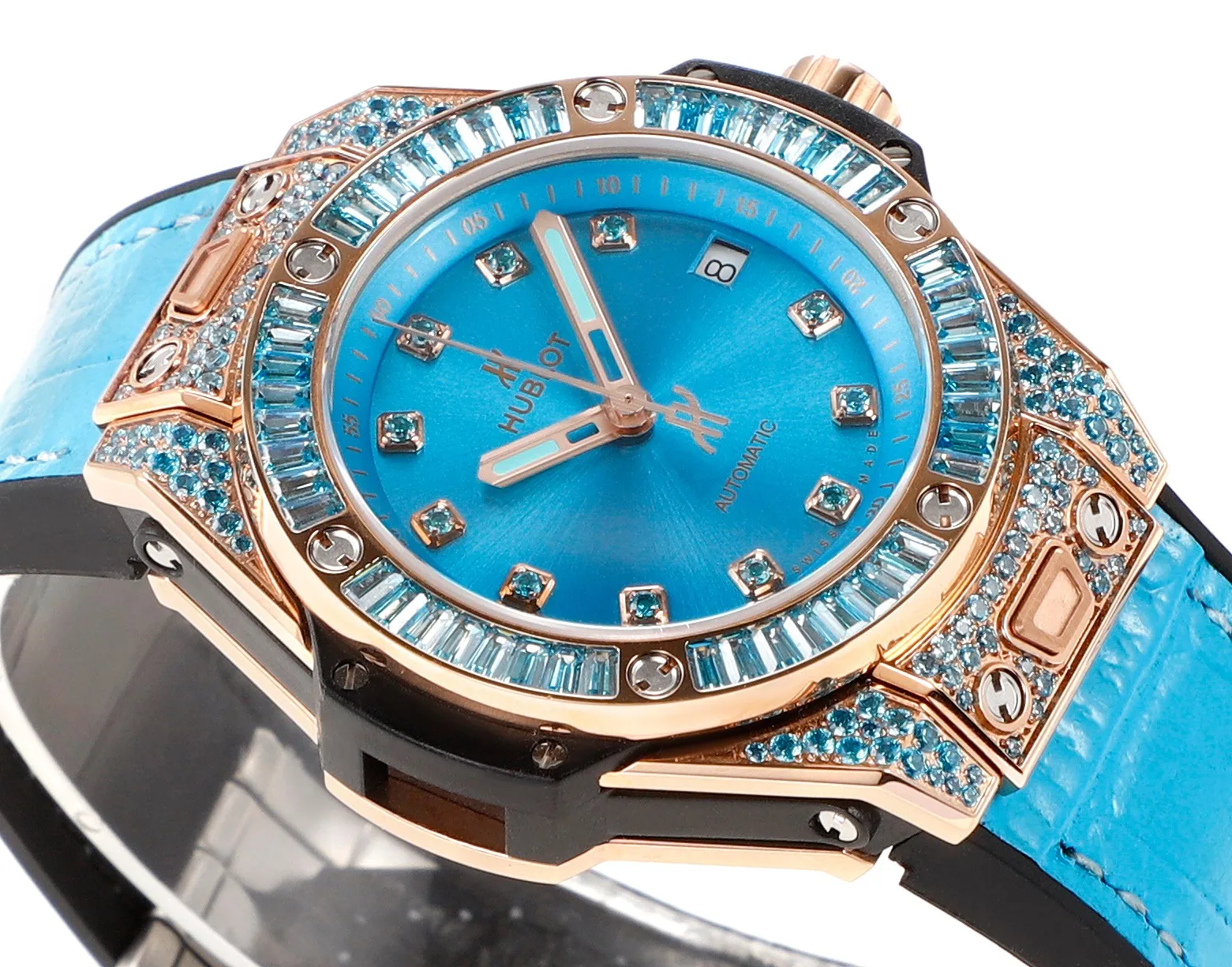 Stretchable HB Factory HUBLOT Big Bang One-Click 39mm Stainless Steel Rainbow Watch – Blue Dial, Rose Gold and Diamond Bezel, Blue Leather Strap, Best Replica Watch 5880