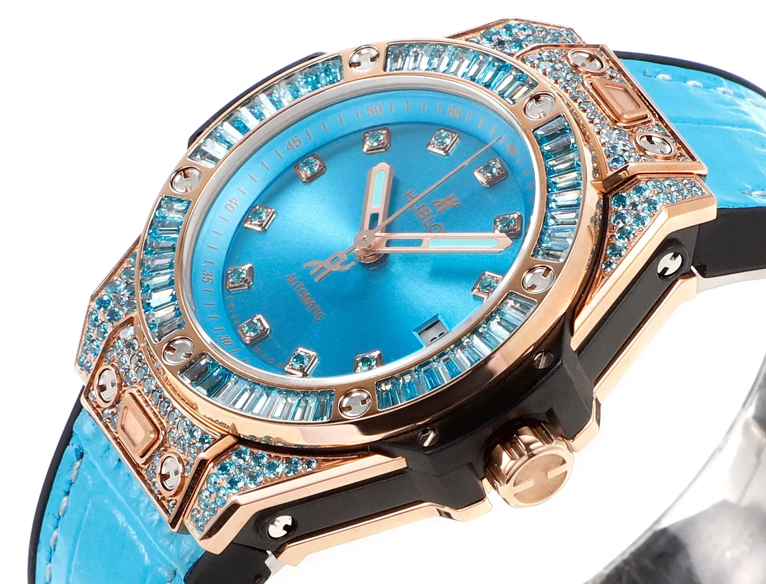 Stretchable HB Factory HUBLOT Big Bang One-Click 39mm Stainless Steel Rainbow Watch – Blue Dial, Rose Gold and Diamond Bezel, Blue Leather Strap, Best Replica Watch 5880