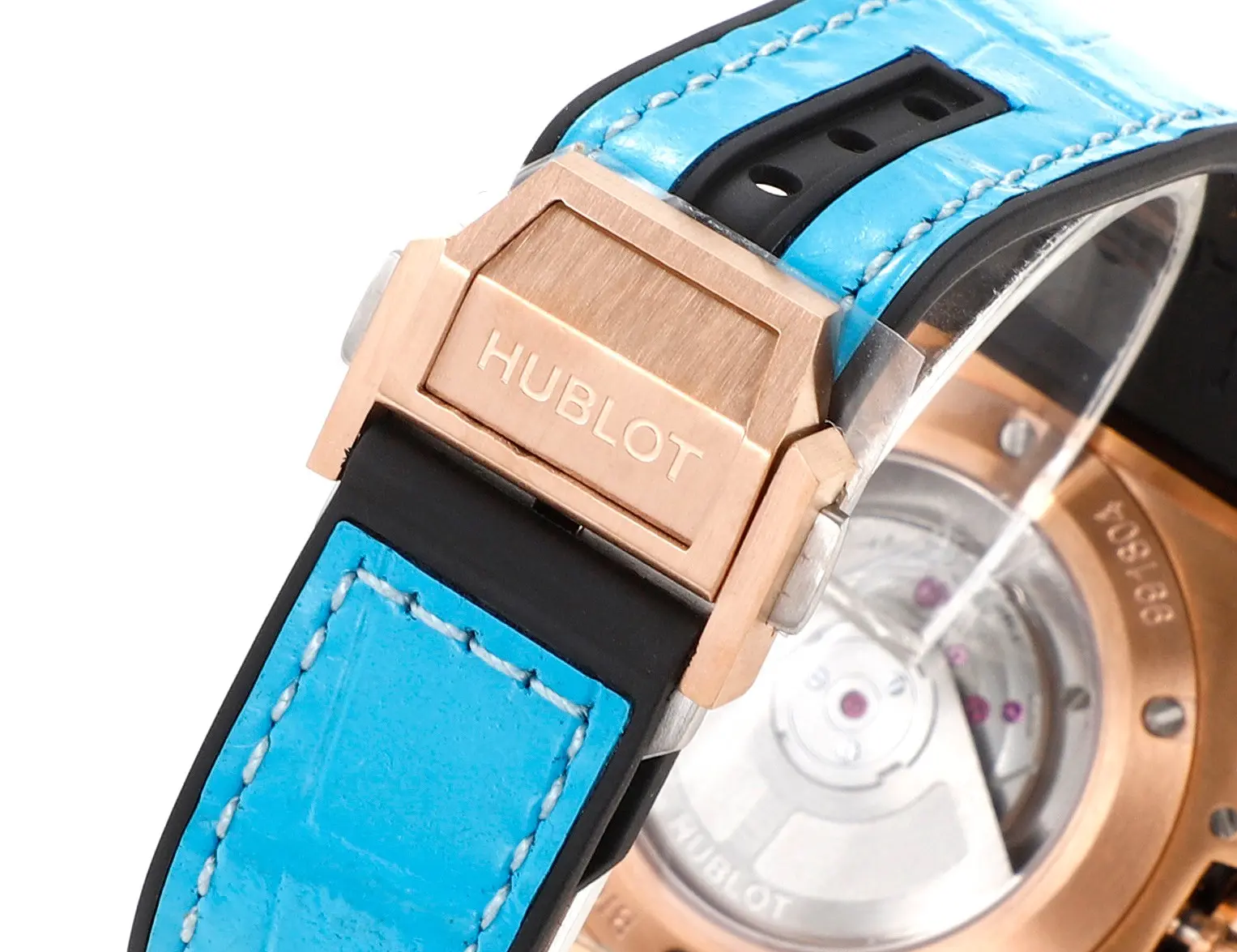 Stretchable HB Factory HUBLOT Big Bang One-Click 39mm Stainless Steel Rainbow Watch – Blue Dial, Rose Gold and Diamond Bezel, Blue Leather Strap, Best Replica Watch 5880