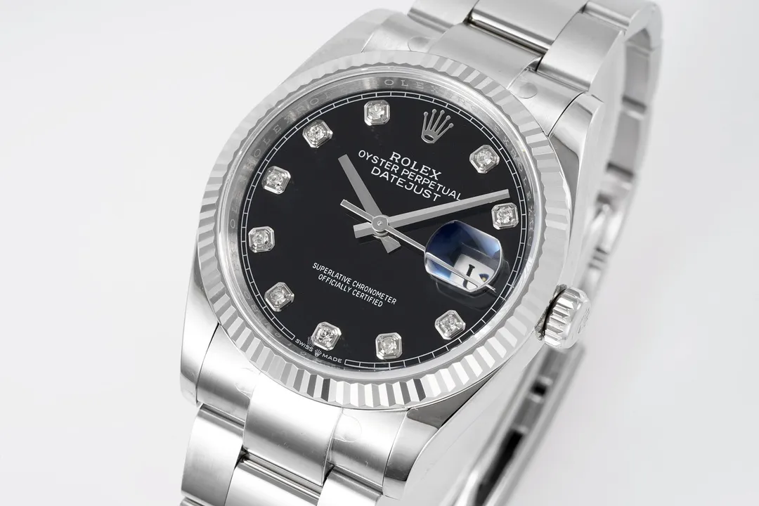 Stylish VS Factory Rolex Datejust 36mm Black Dial Diamond Hour Markers Stainless Steel Automatic Men’s Watch 291