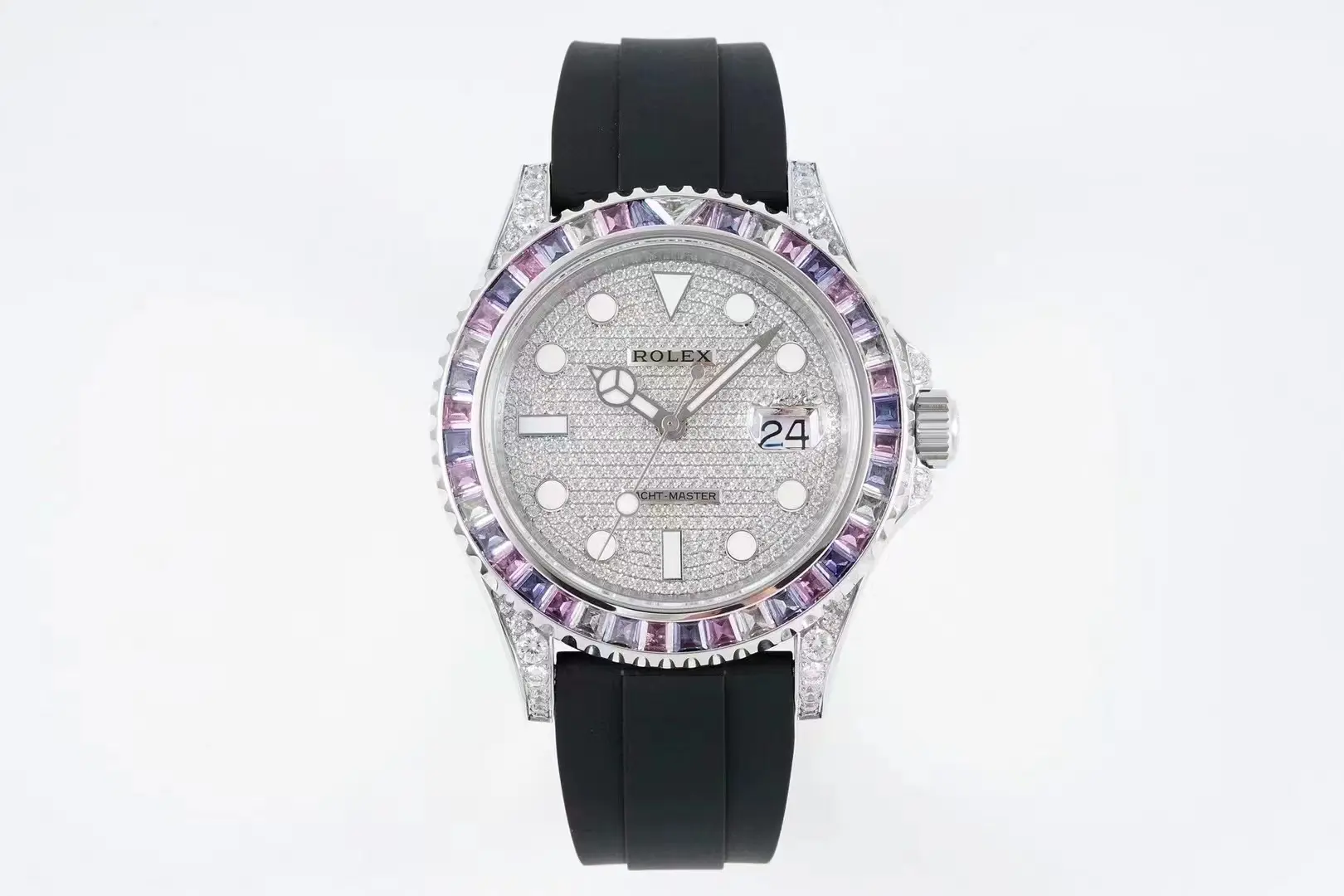 RelaxedFit Rolex Yacht-Master 42mm Platinum Case Watch with Diamond & Amethyst Bezel and Black Rubber Strap 350
