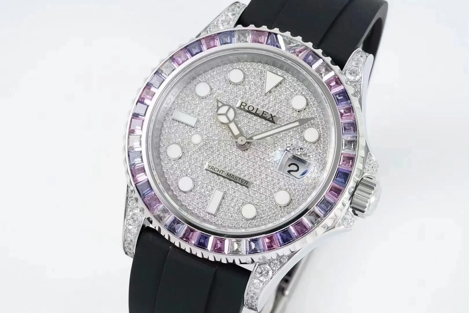 RelaxedFit Rolex Yacht-Master 42mm Platinum Case Watch with Diamond & Amethyst Bezel and Black Rubber Strap 350