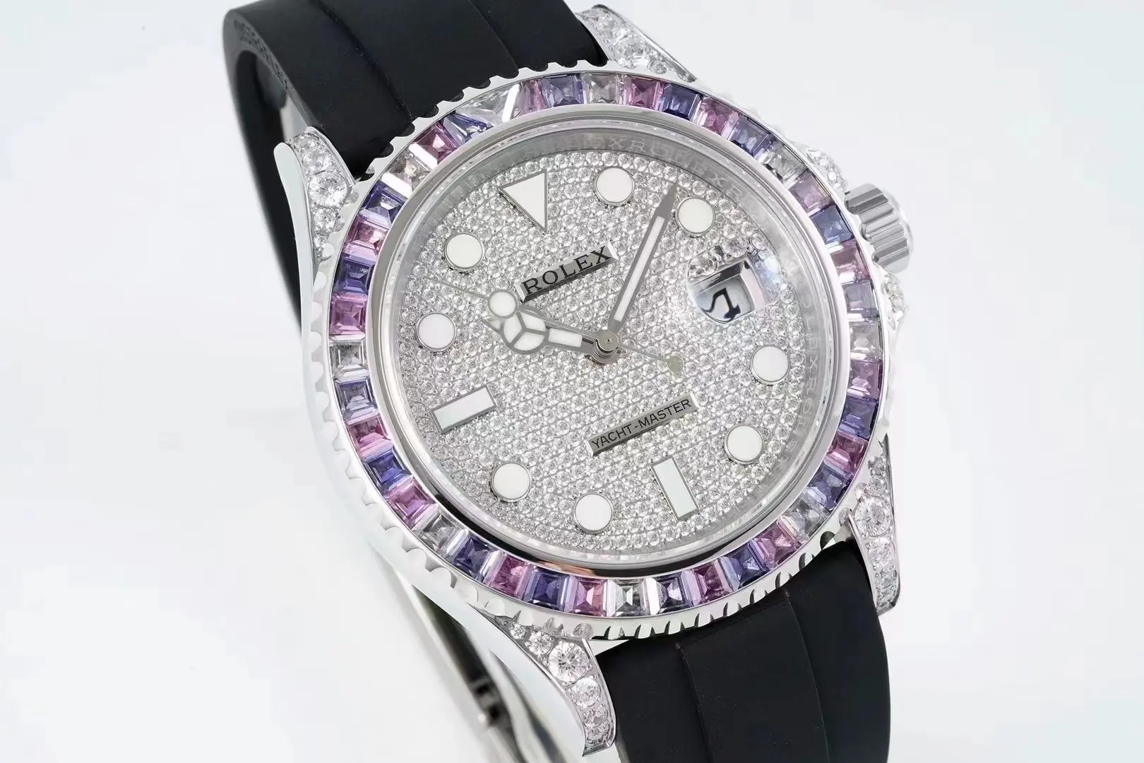 RelaxedFit Rolex Yacht-Master 42mm Platinum Case Watch with Diamond & Amethyst Bezel and Black Rubber Strap 350
