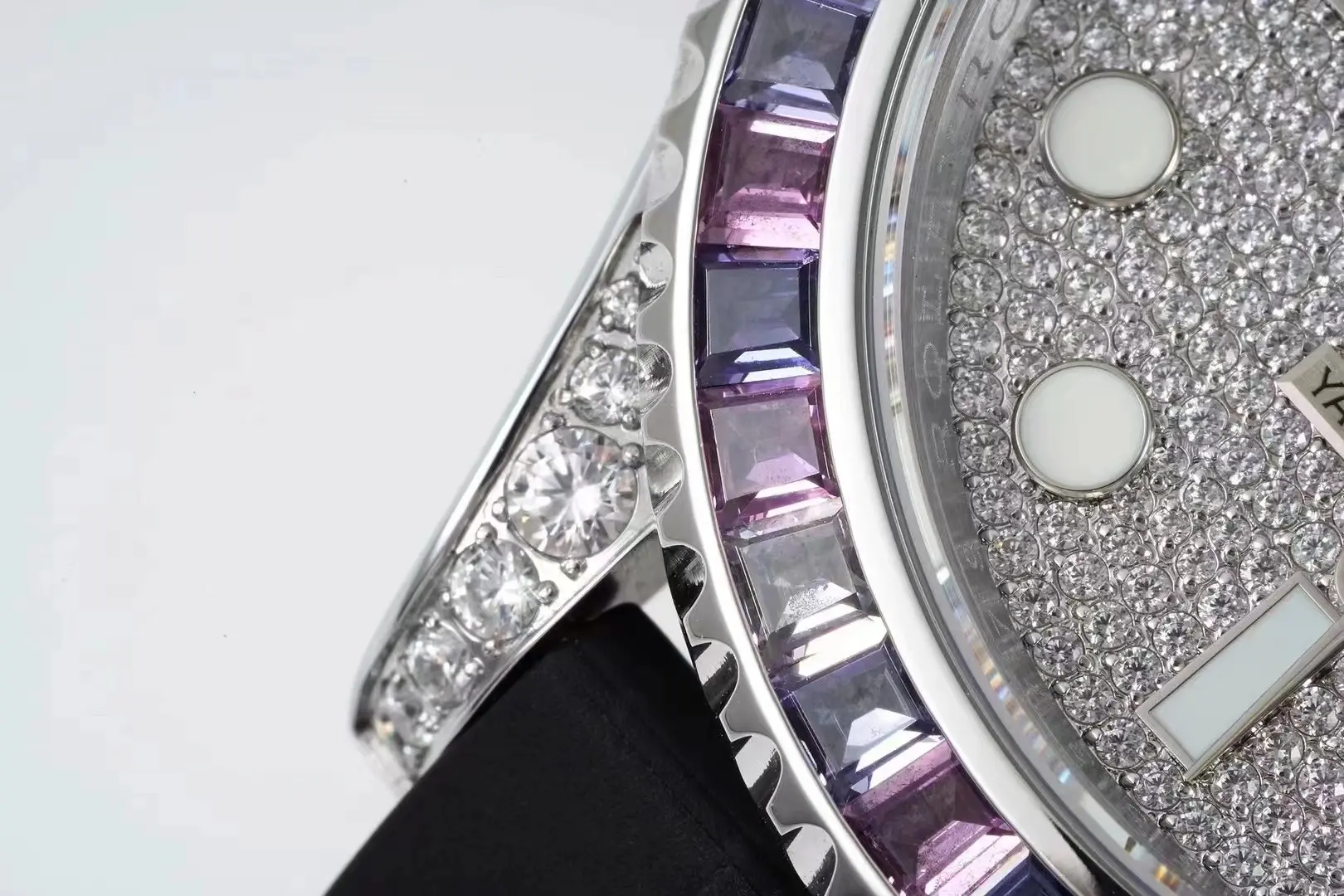 RelaxedFit Rolex Yacht-Master 42mm Platinum Case Watch with Diamond & Amethyst Bezel and Black Rubber Strap 350