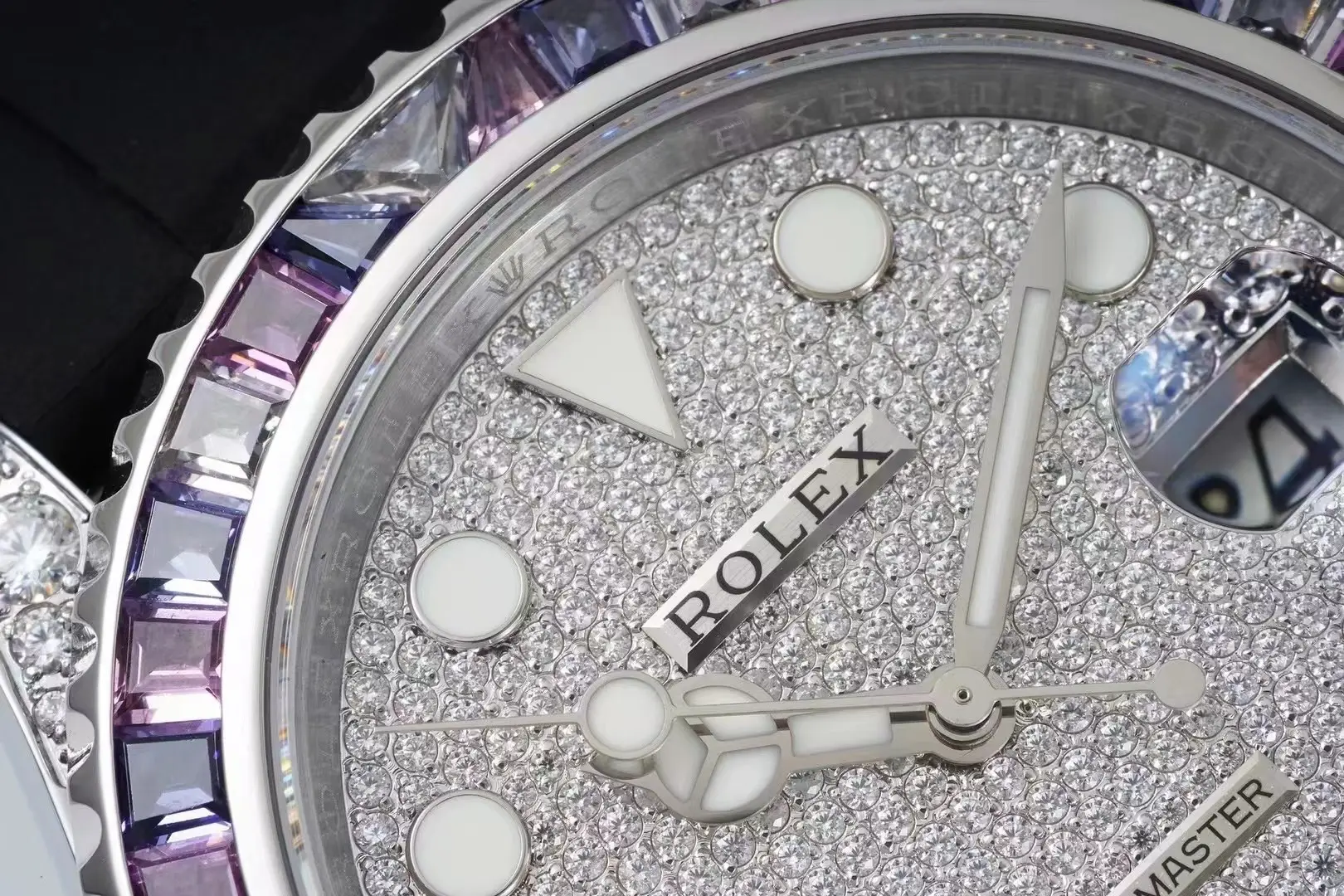 RelaxedFit Rolex Yacht-Master 42mm Platinum Case Watch with Diamond & Amethyst Bezel and Black Rubber Strap 350