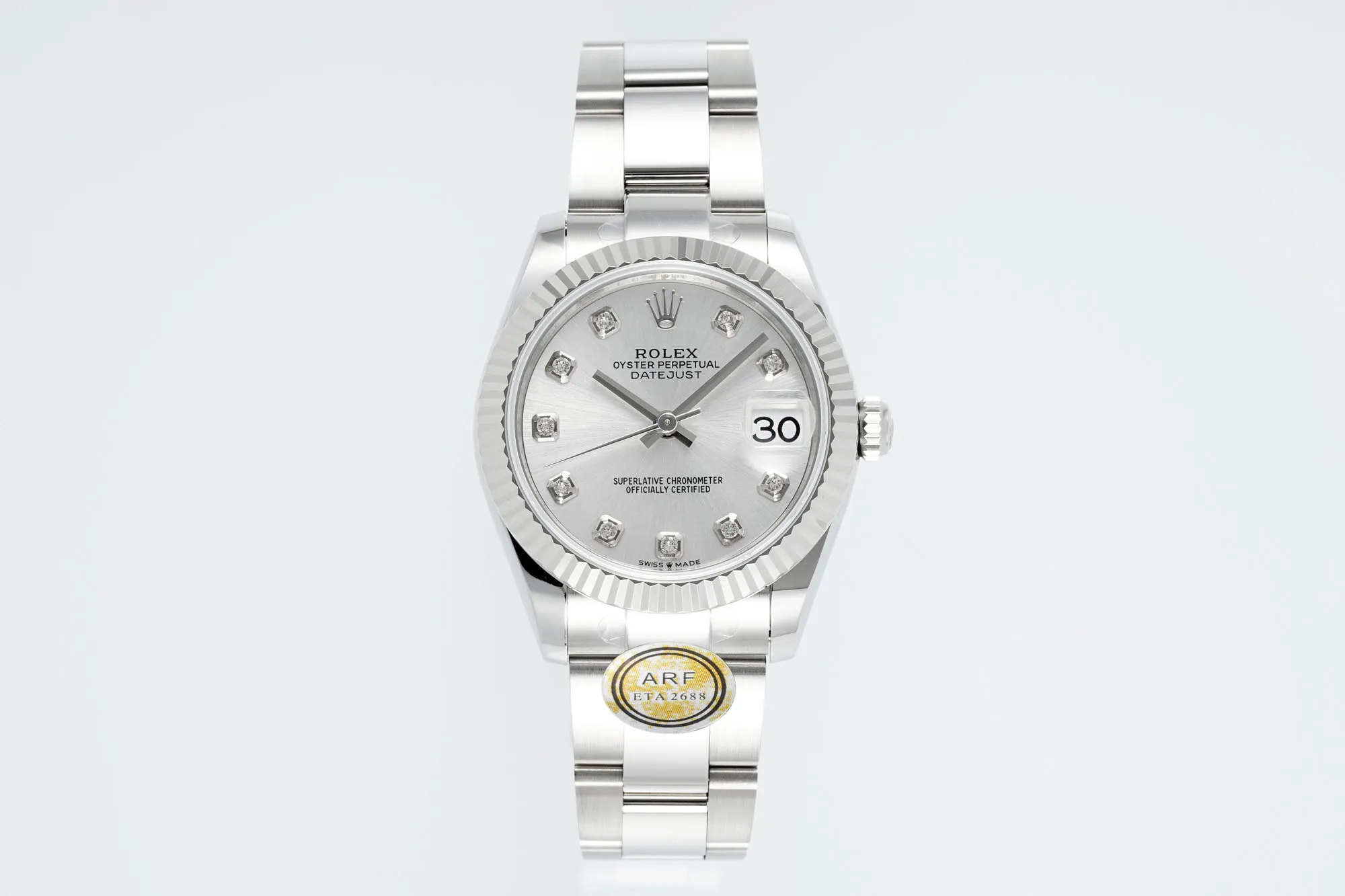AR Factory Rolex Datejust 31mm Stainless Steel Oyster Bracelet White Dial Diamond Hour Markers Fluted Bezel Automatic Women’s Watch SoftTouch 4933