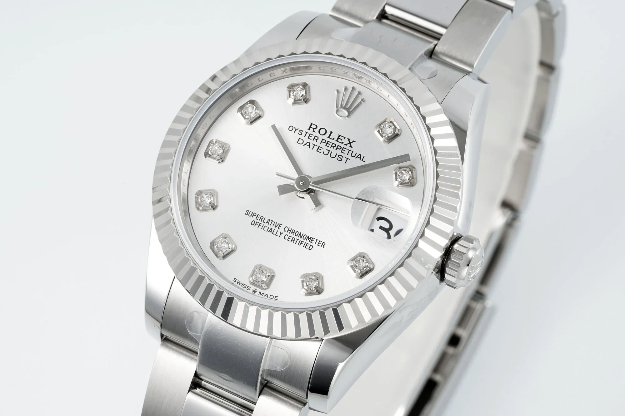 AR Factory Rolex Datejust 31mm Stainless Steel Oyster Bracelet White Dial Diamond Hour Markers Fluted Bezel Automatic Women’s Watch SoftTouch 4933